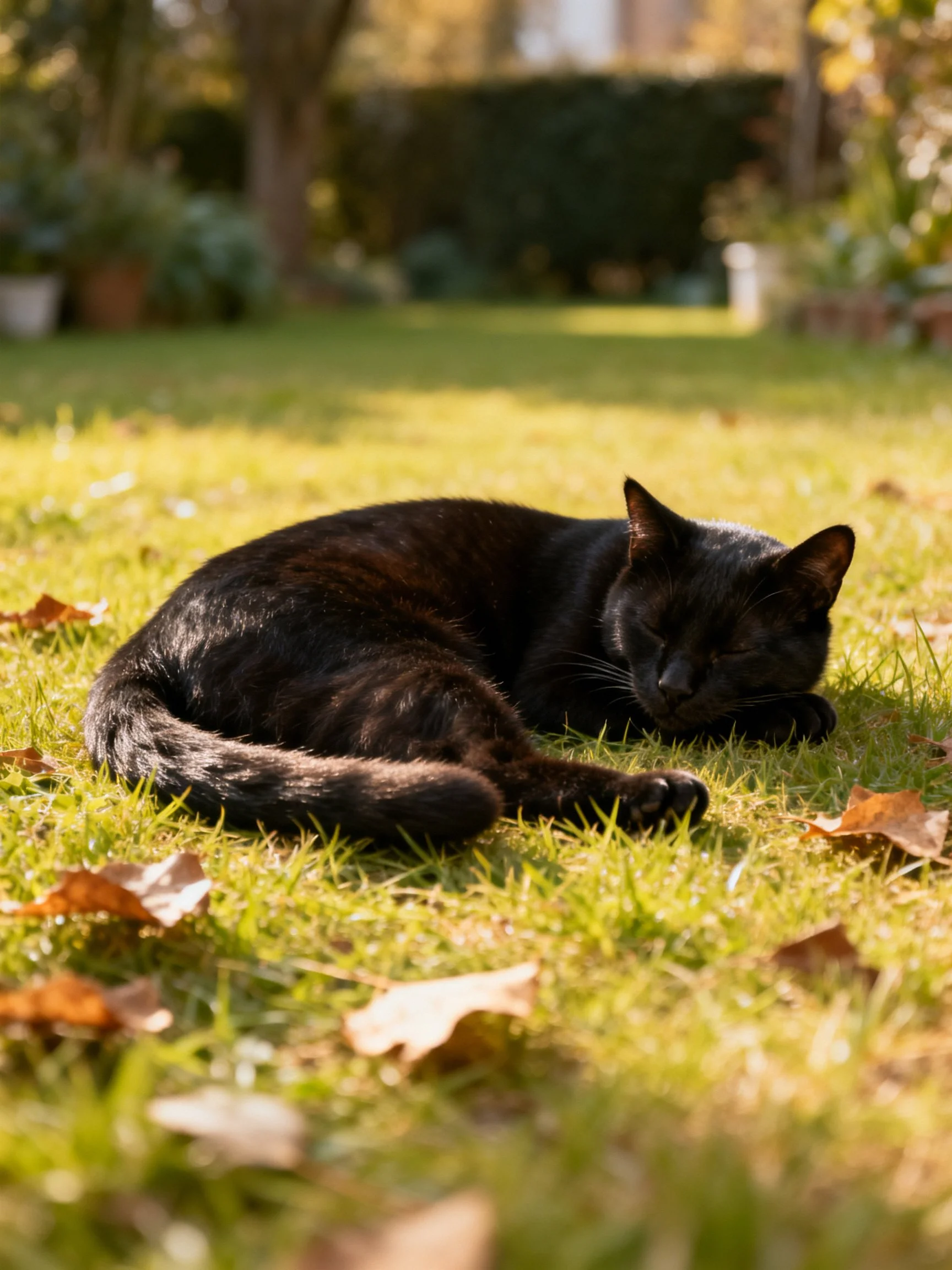 A sleek black cat napping on sunlit grass amid scattered autumn leaves