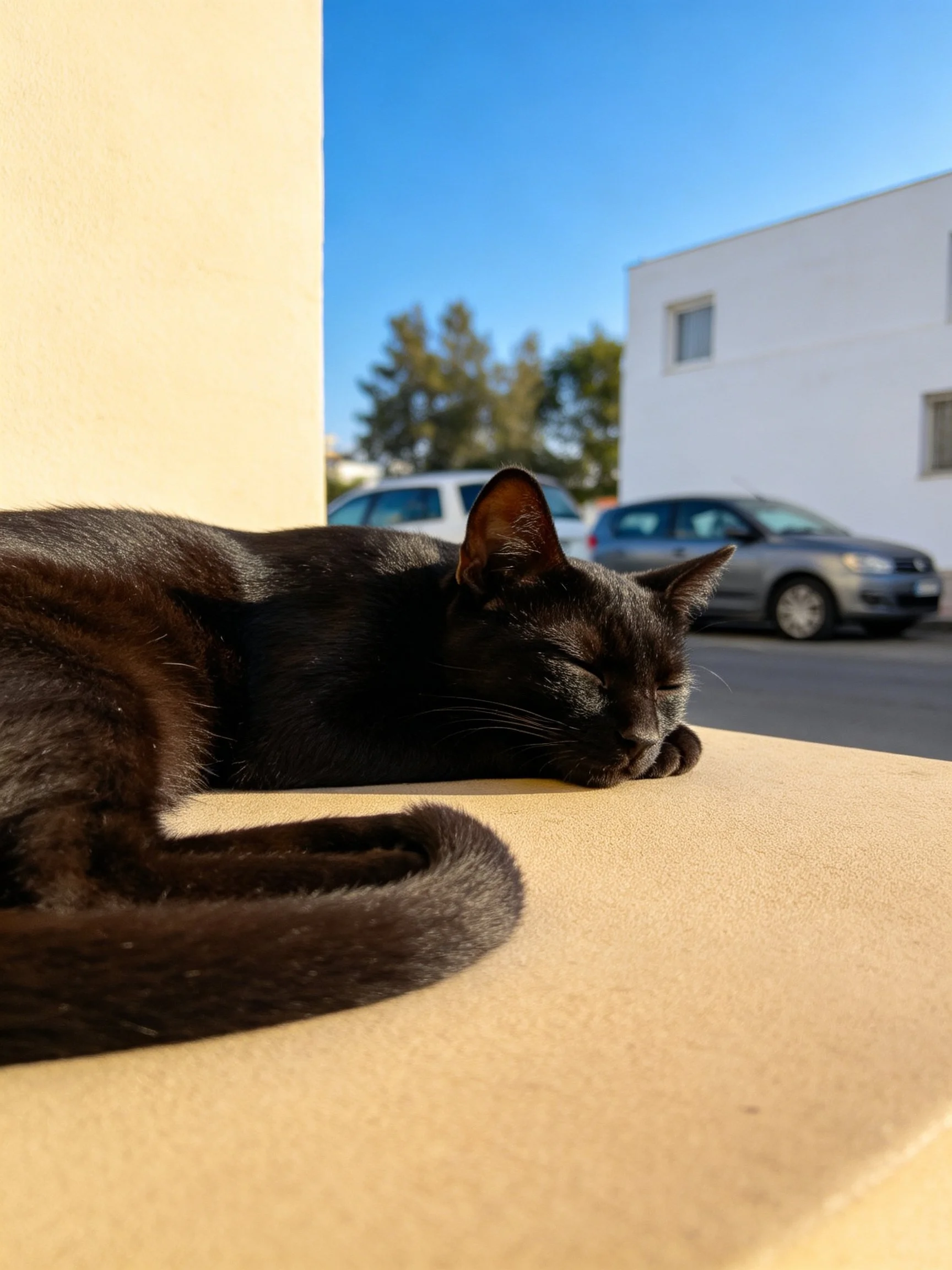 A sleek black cat naps on a beige ledge beside white structures
