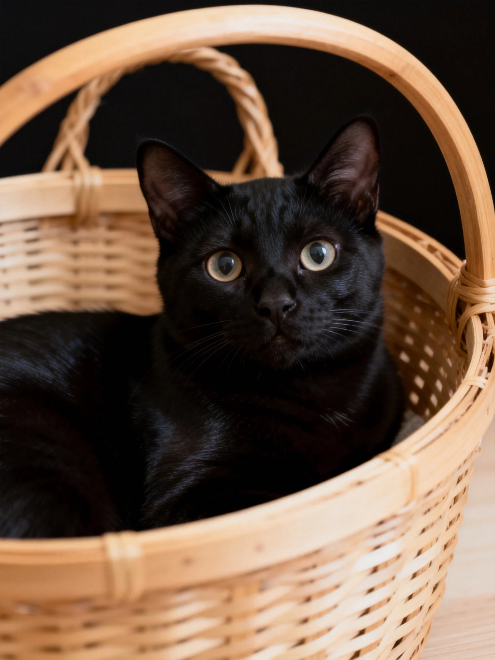 A sleek black cat nestled in a woven bamboo basket