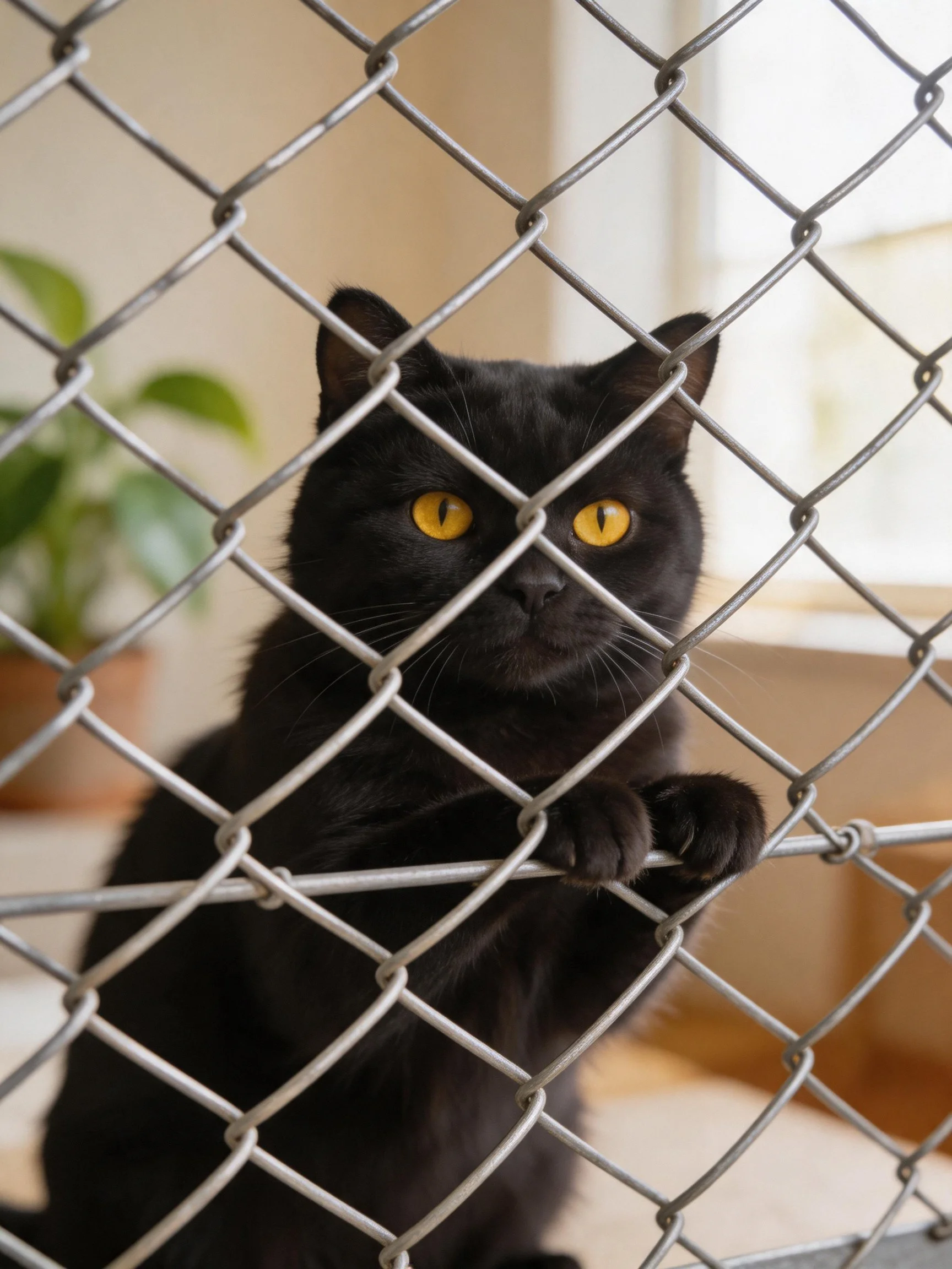 A sleek black cat peering through a silver chain-link fence