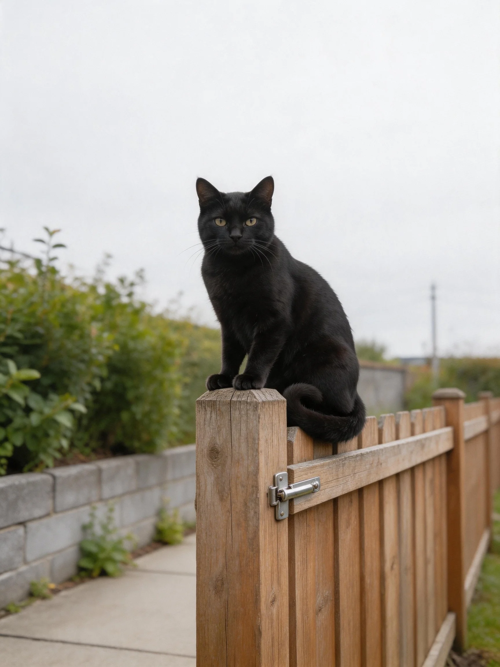 A sleek black cat perched atop a wooden fence post