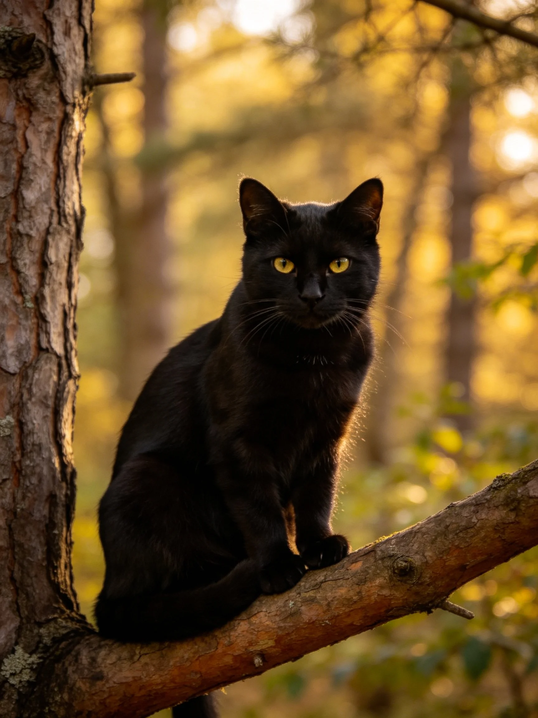 A sleek black cat perched on a tree branch amid golden forest light