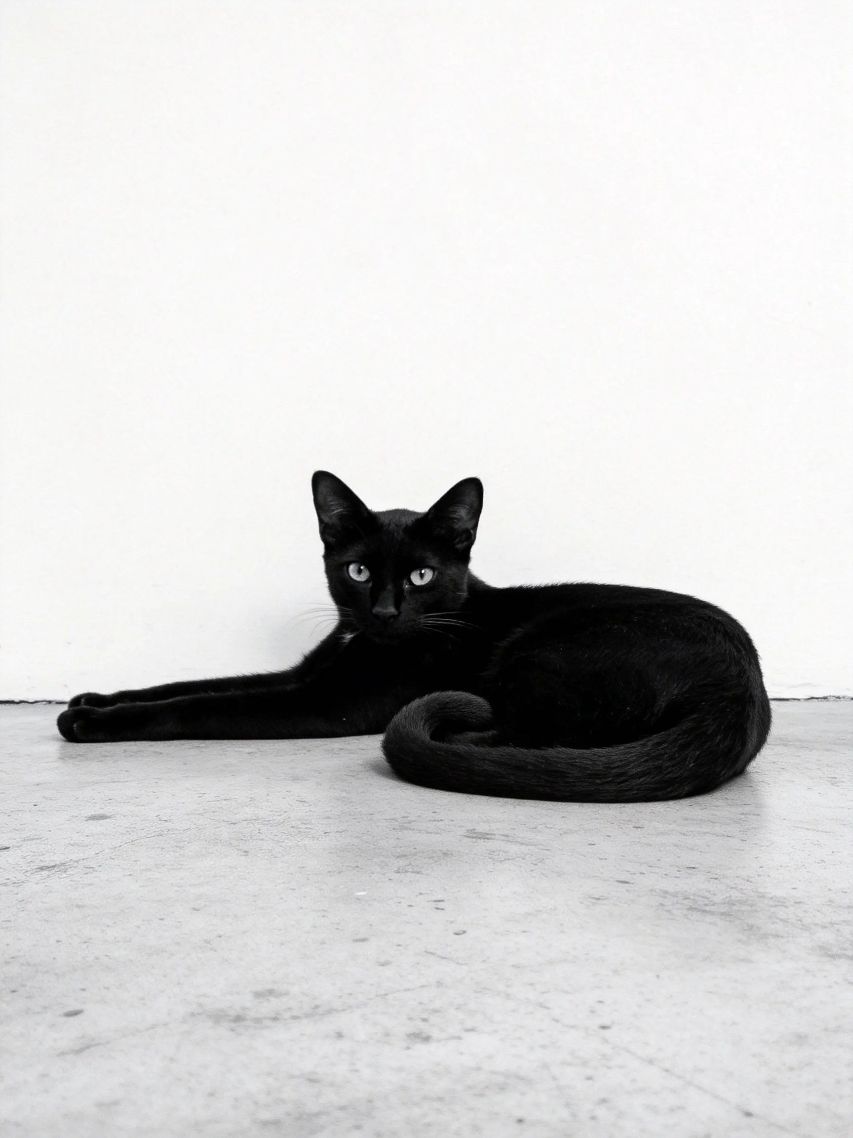 A sleek black cat resting against a stark white wall on smooth concrete