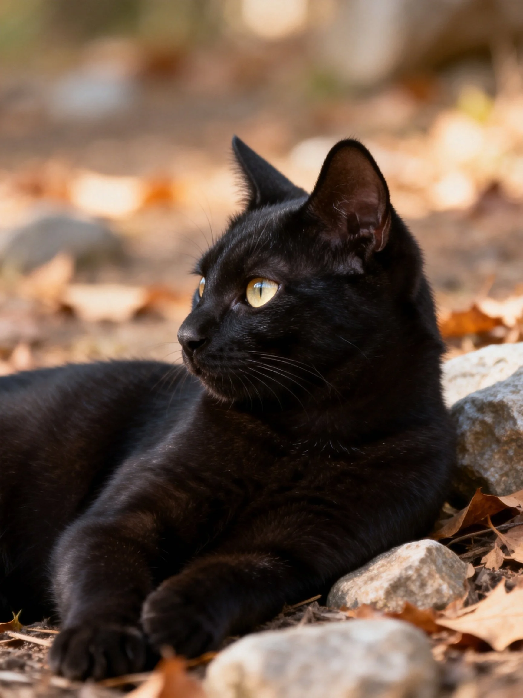 A sleek black cat resting near stones amid autumn leaves