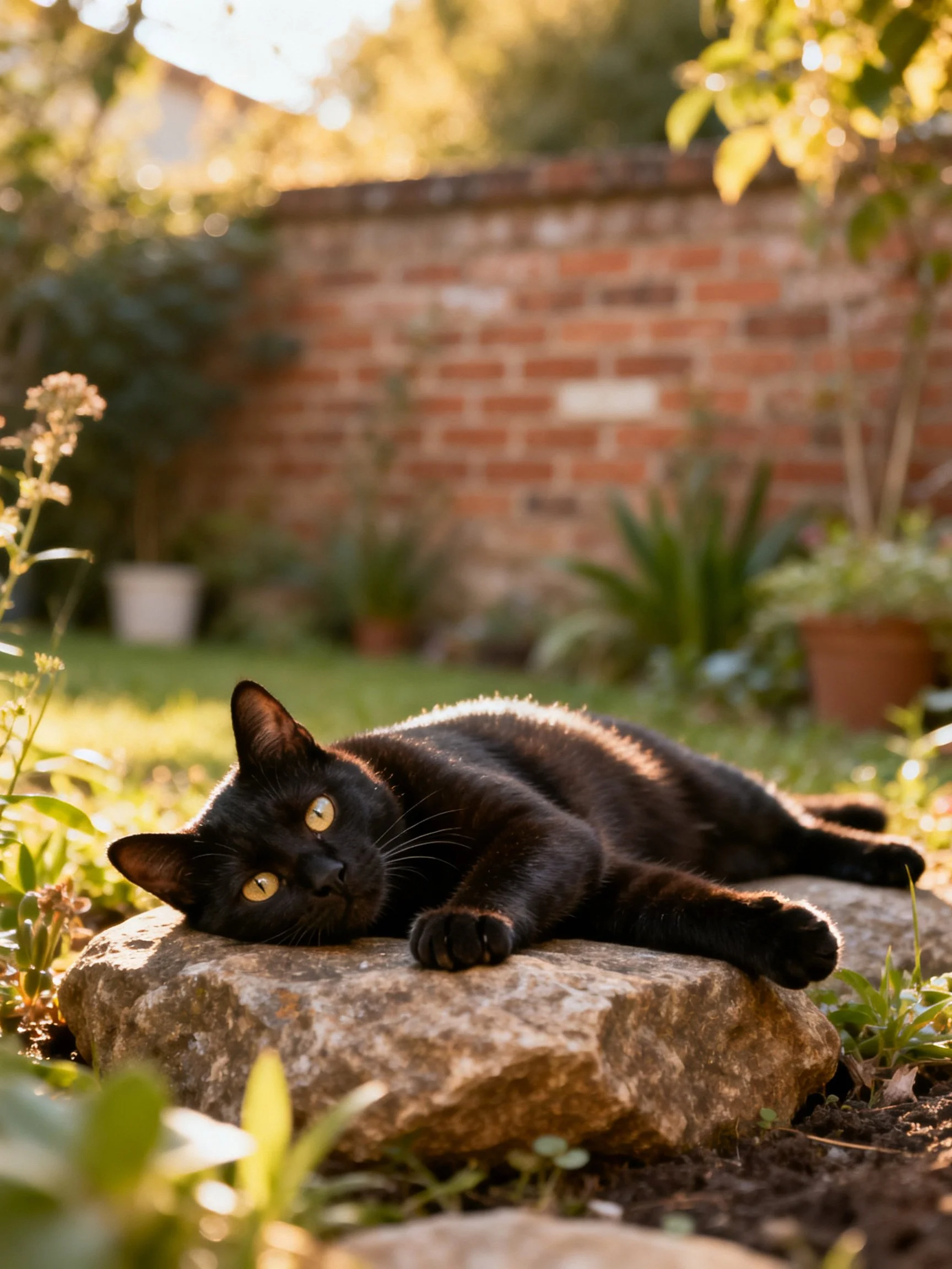 A sleek black cat relaxes on a stone in a sunlit garden with a brick wall