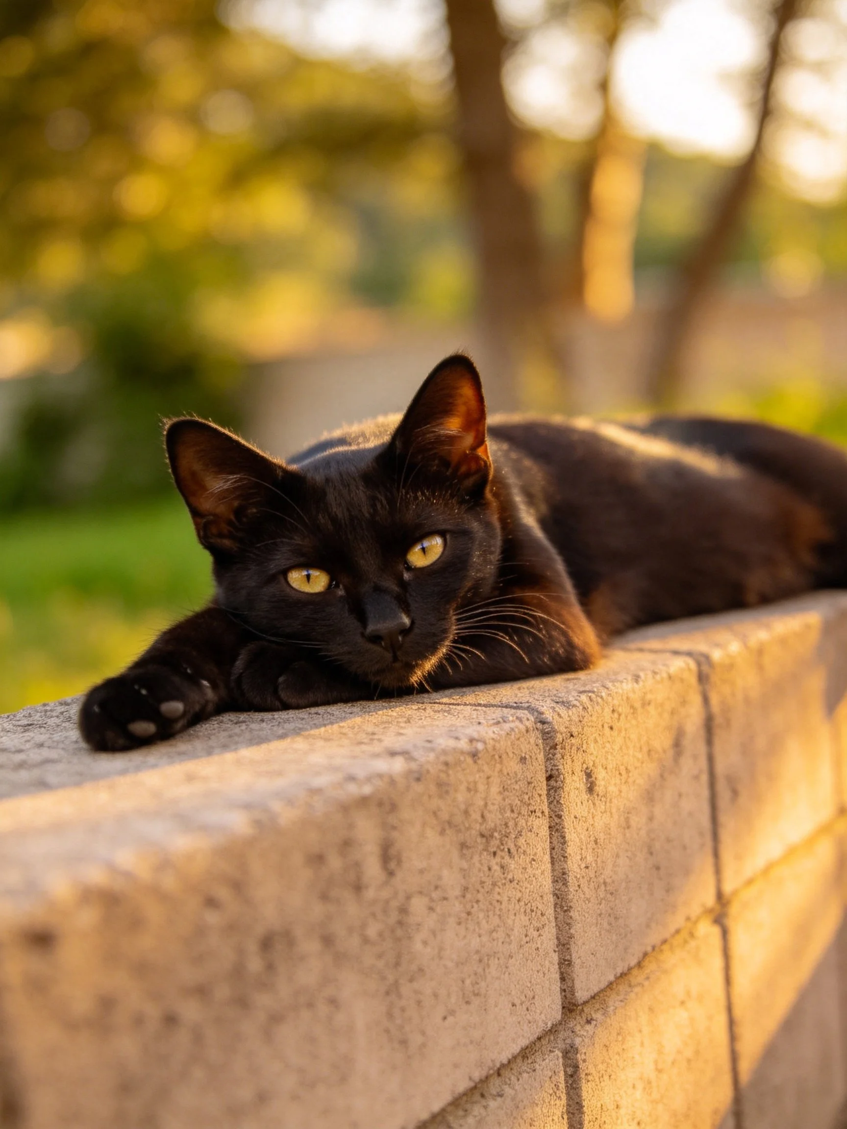 A sleek black cat resting on a stone wall in golden light