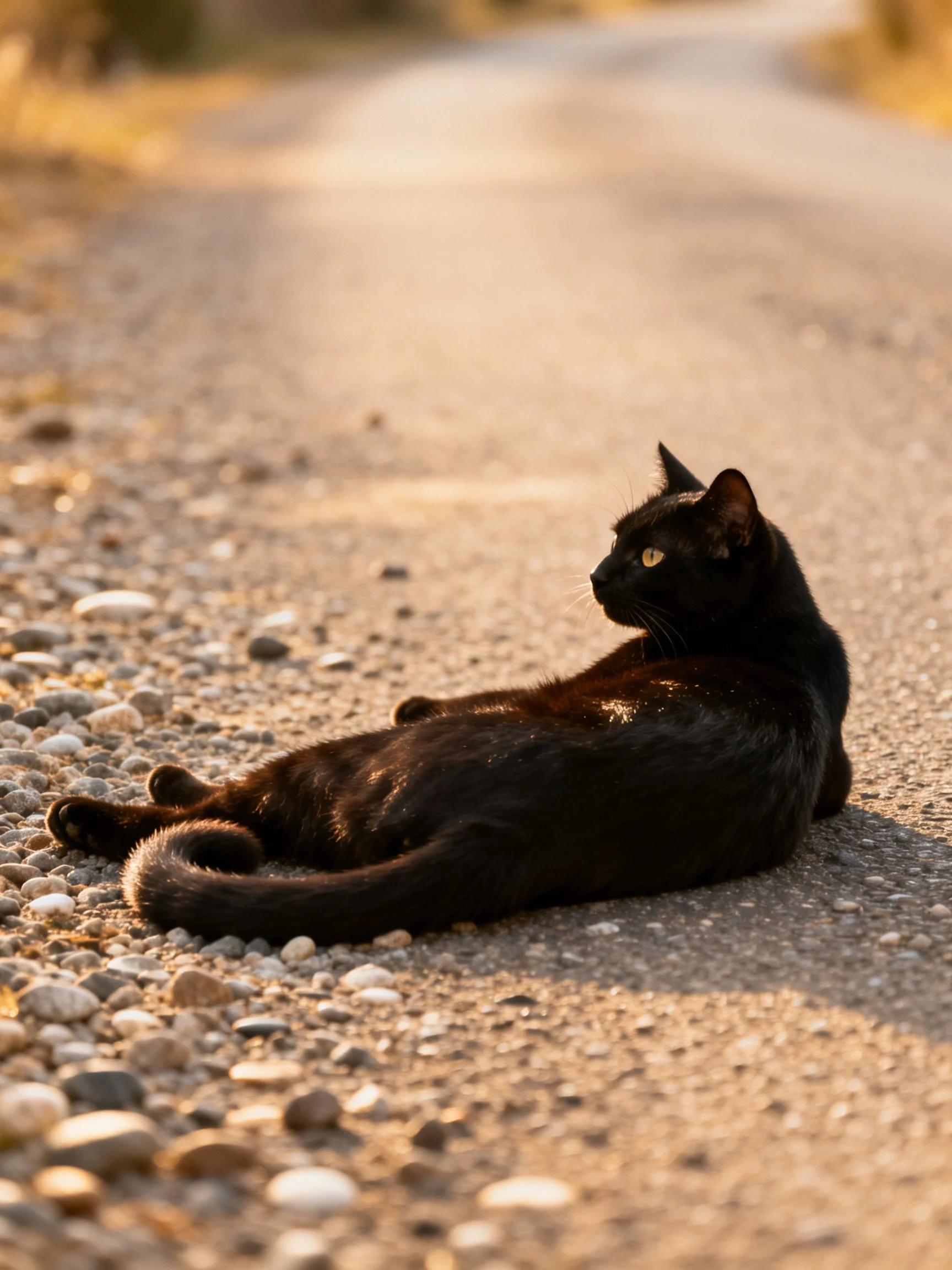 A sleek black cat resting on a sunlit gravel road