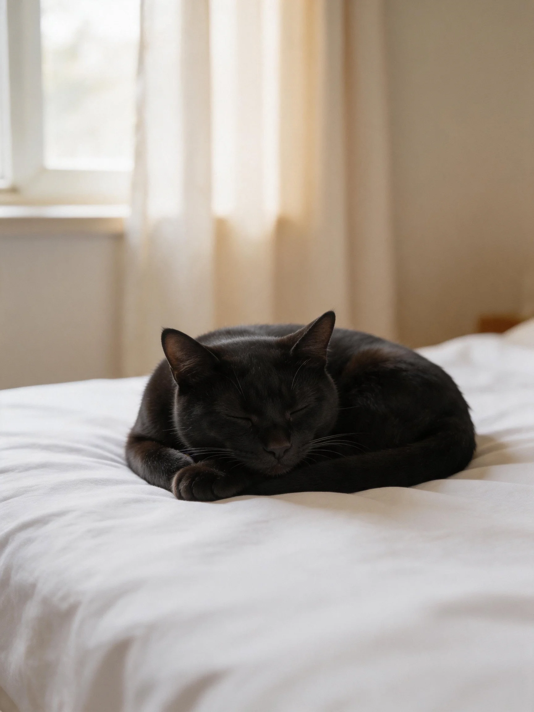 A sleek black cat rests peacefully on a white bed beside a sunlit window.