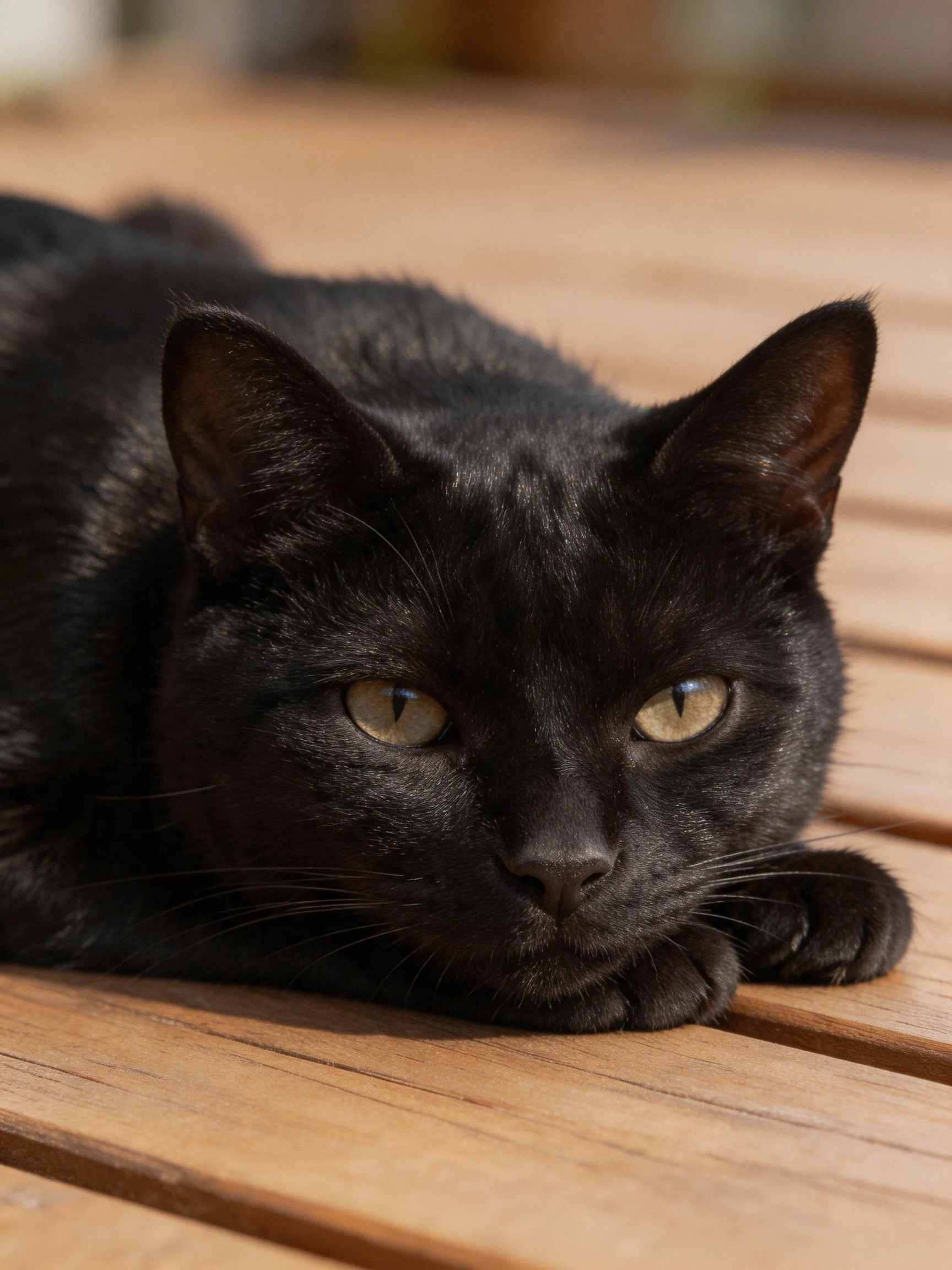A sleek black cat resting on a wooden deck with soft lighting