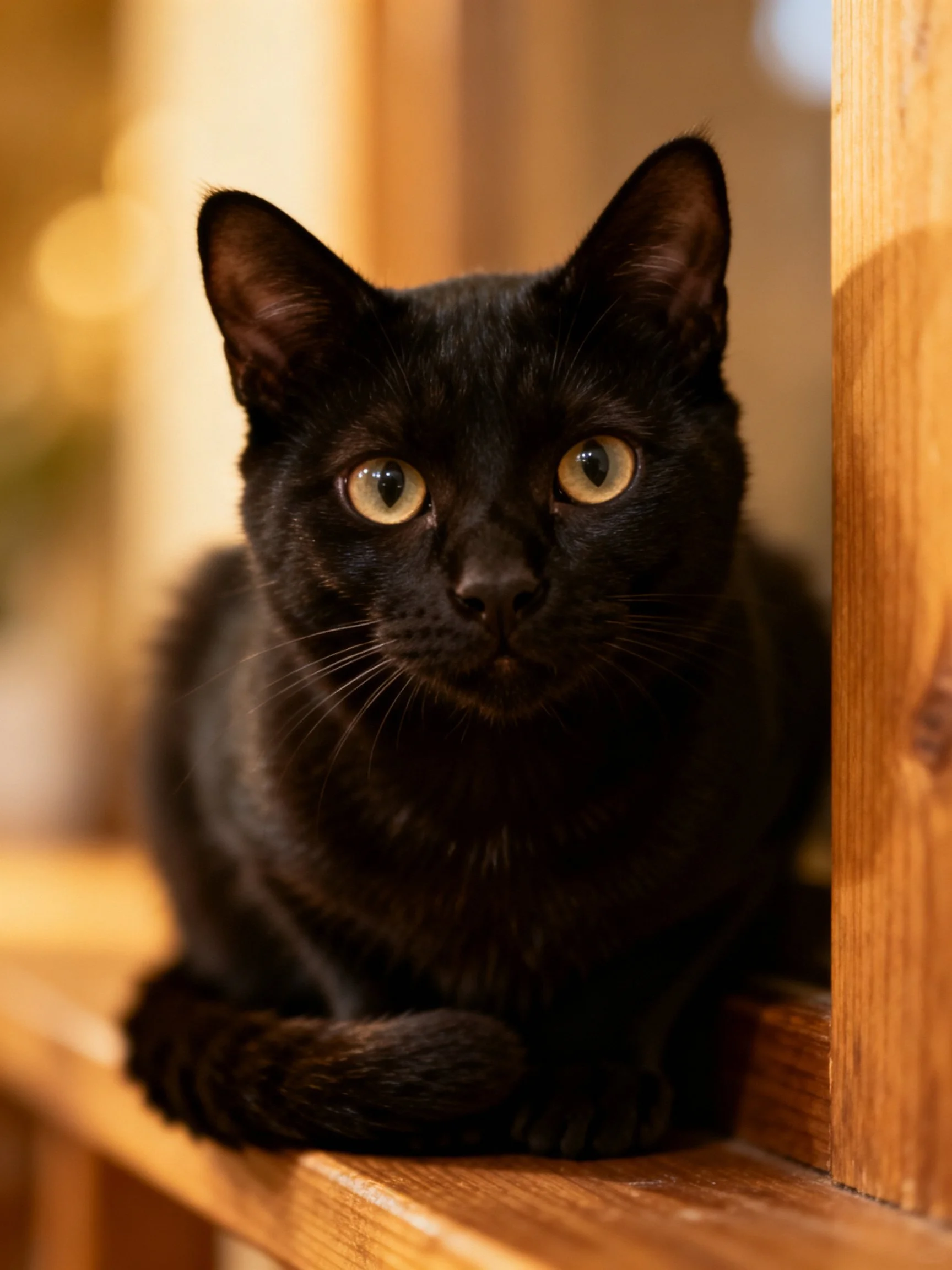 A sleek black cat resting on a wooden ledge near a glass panel