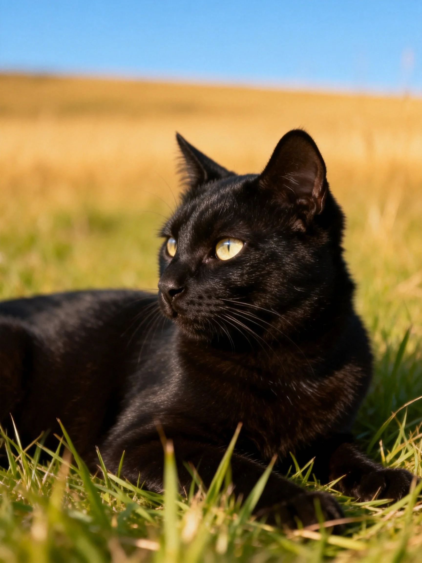 A sleek black cat relaxes on grass amid a sunlit open landscape.