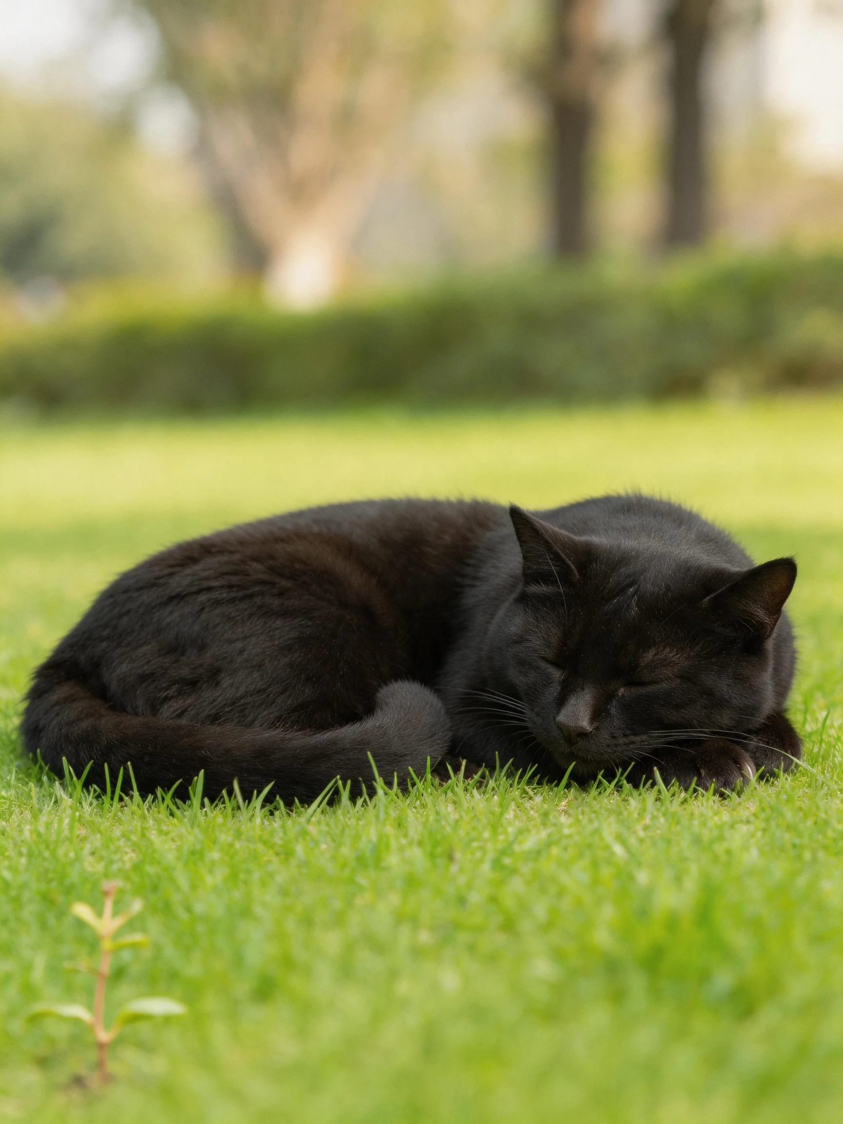 A sleek black cat resting on lush green grass in a sunny park