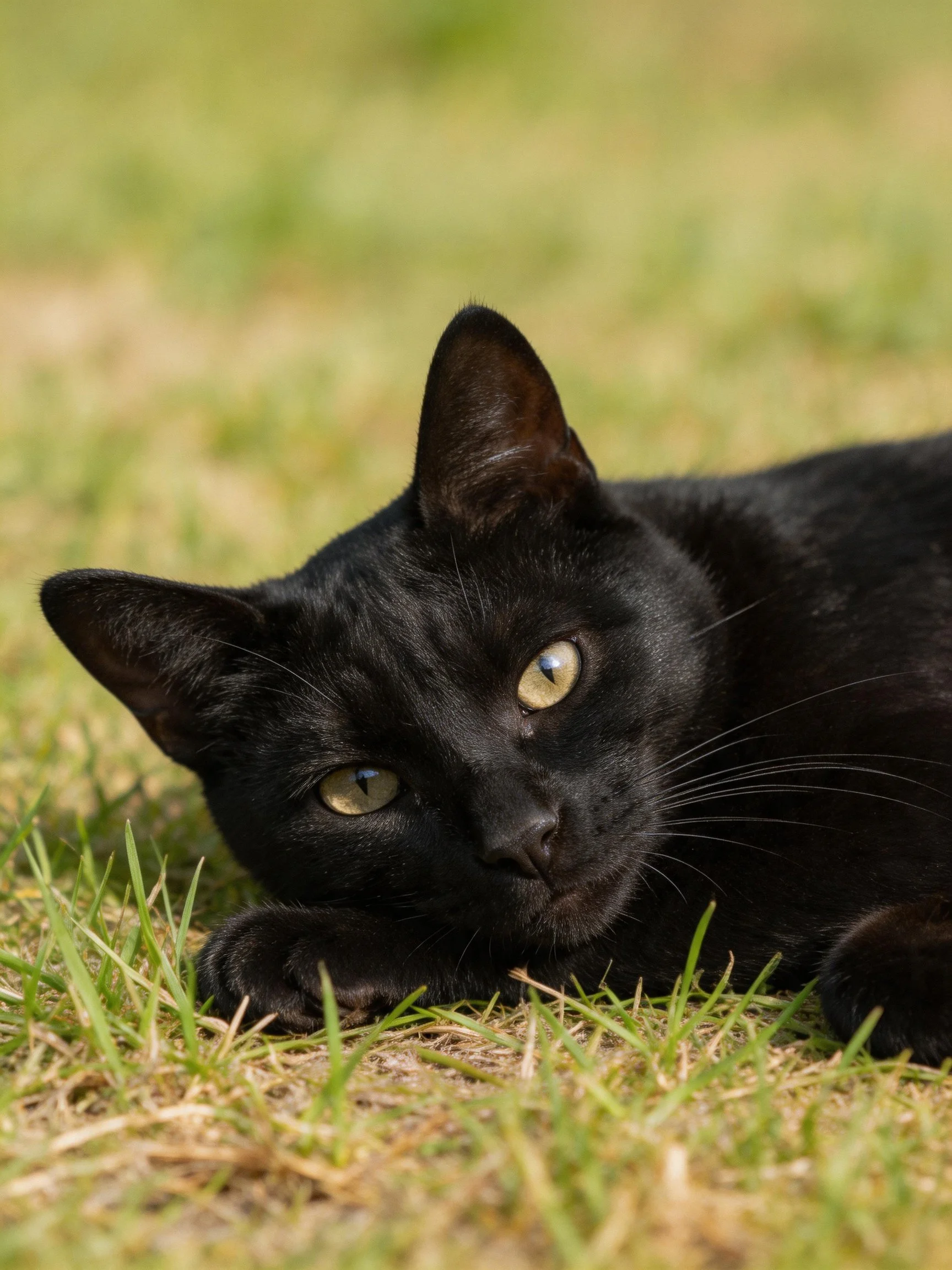 A sleek black cat resting on mixed green-brown grass