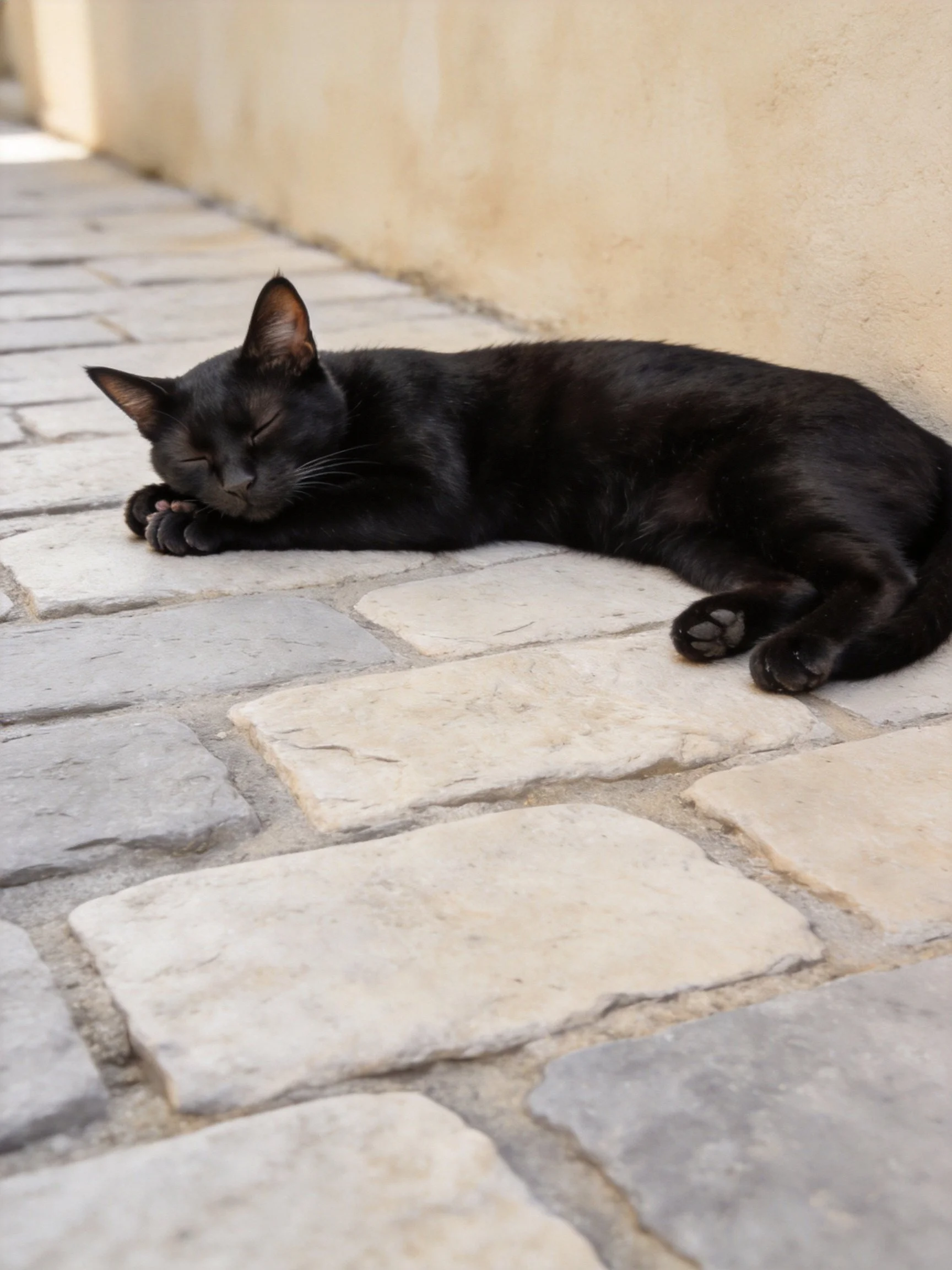 A sleek black cat resting on stone pavement beside a beige wall