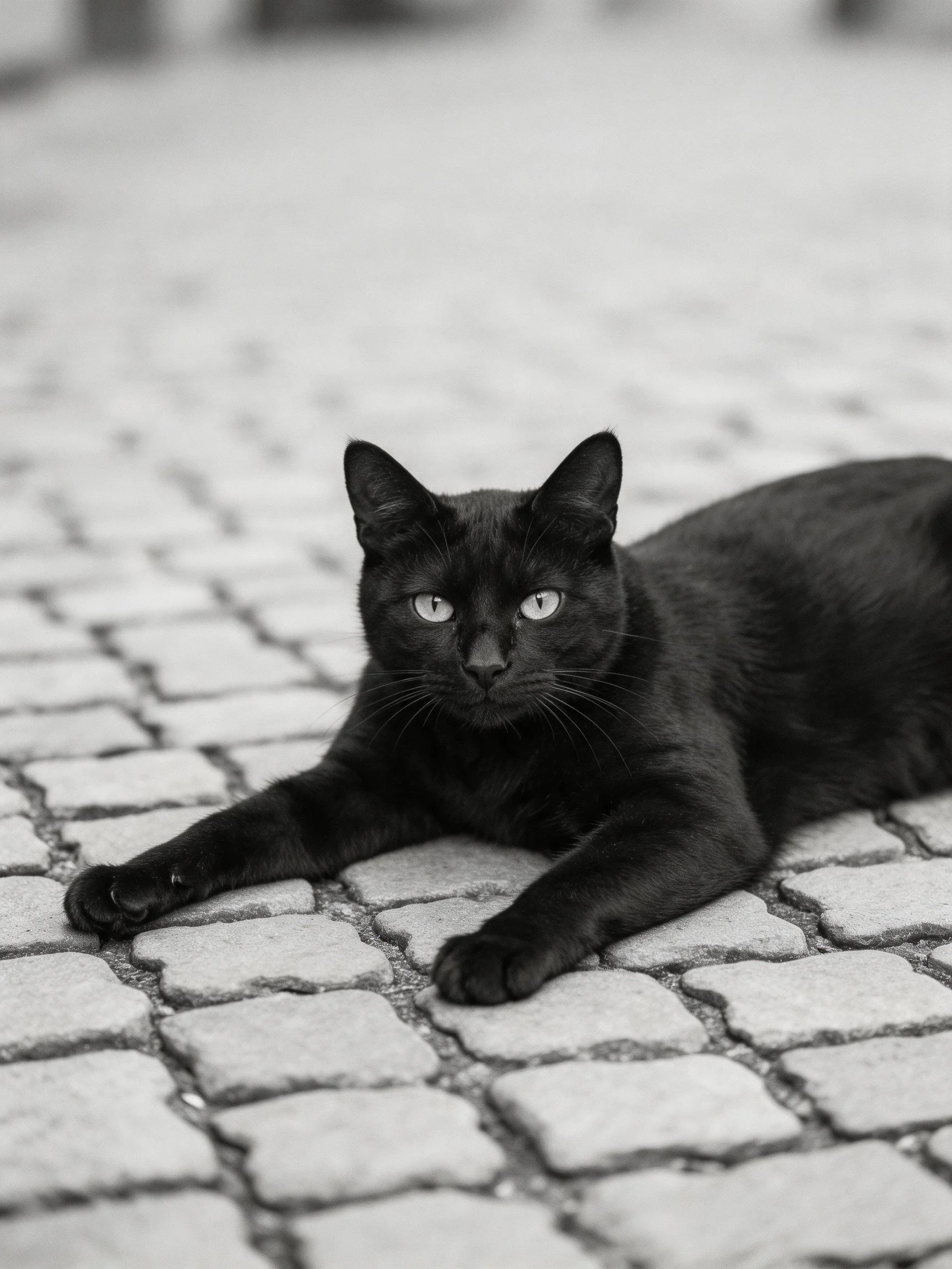 A sleek black cat resting on textured cobblestone pavement