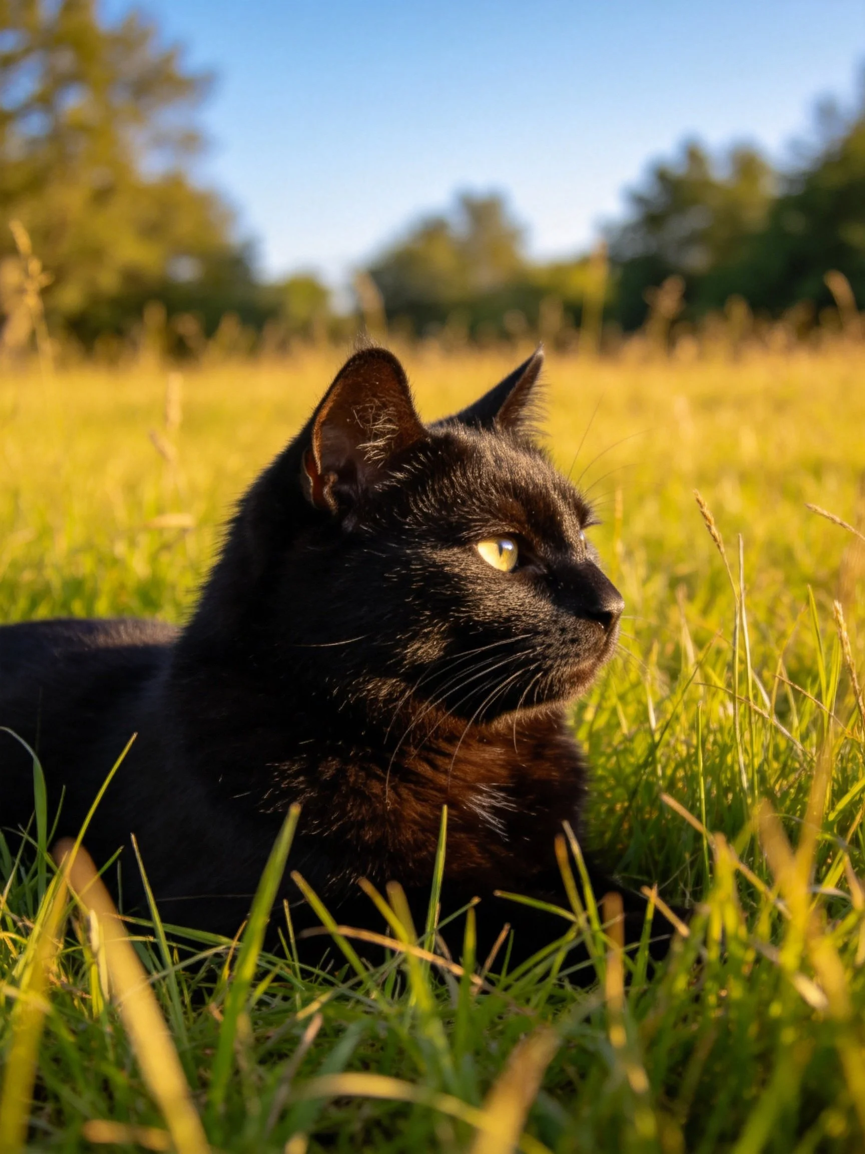 A sleek black cat rests amid tall golden grass under sunny skies