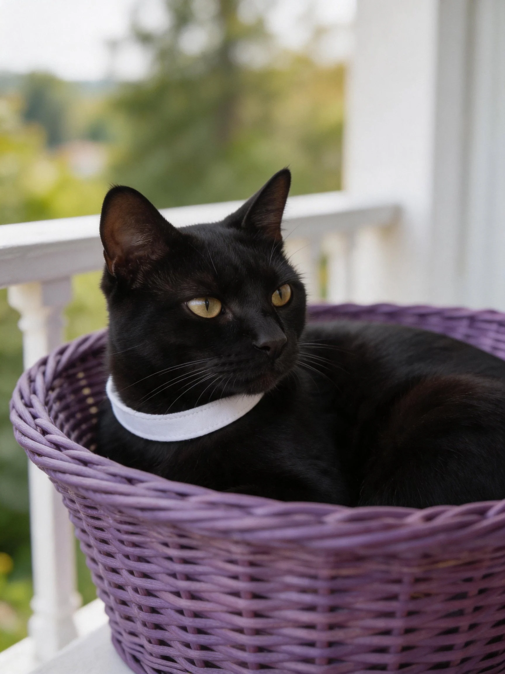 A sleek black cat rests in a purple wicker basket with a white collar