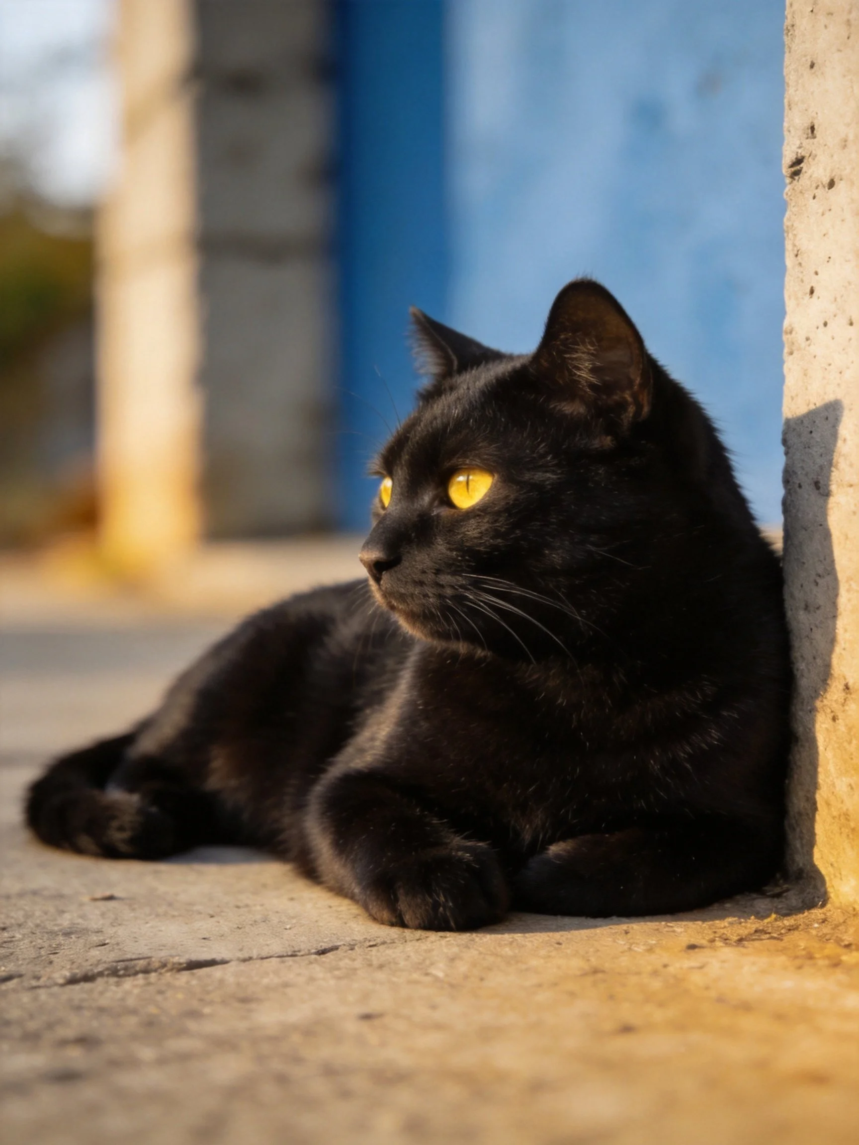 A sleek black cat rests near a concrete wall with bright yellow eyes