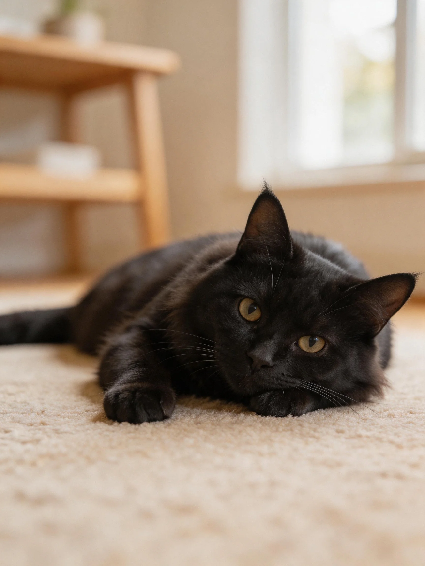 A sleek black cat rests on a beige carpet near a wooden shelf