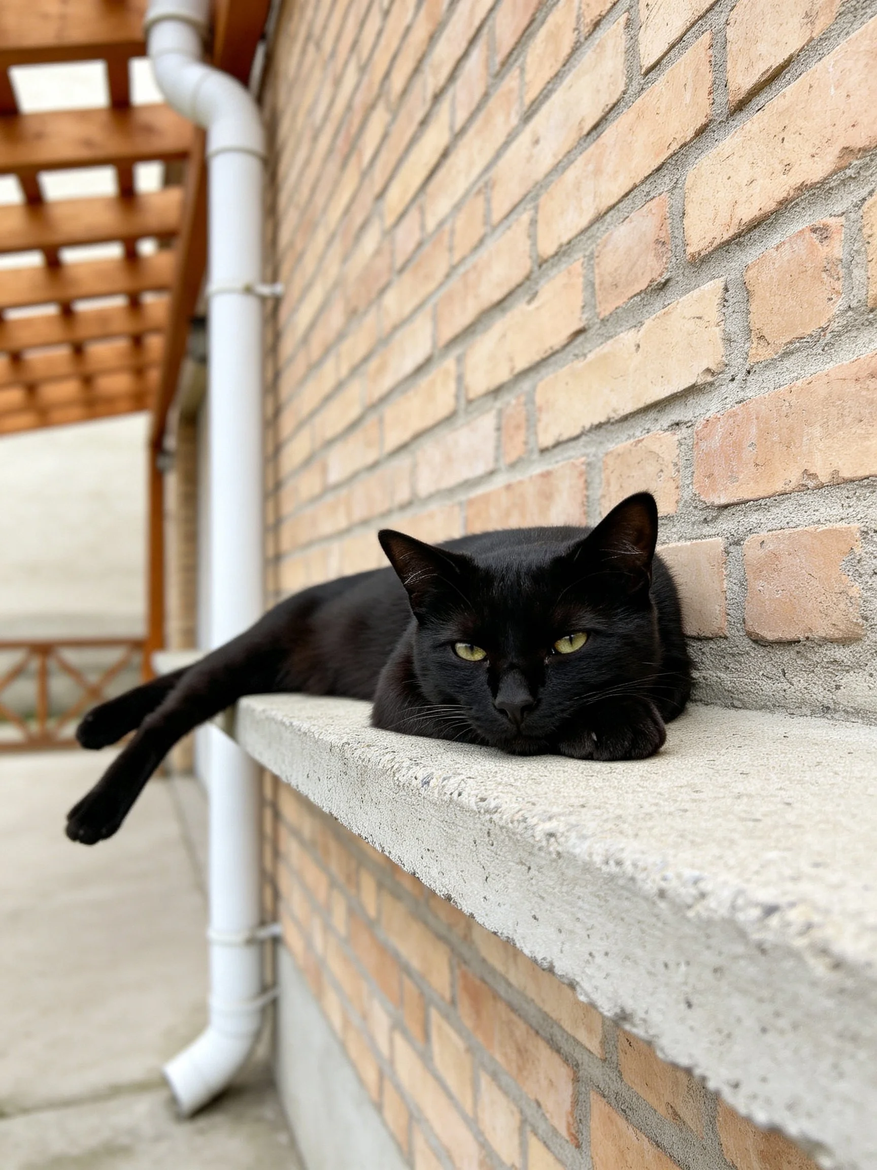 A sleek black cat rests on a concrete ledge against a brick wall