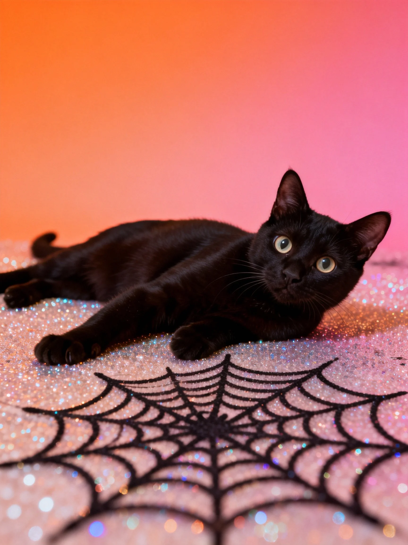A sleek black cat rests on a glittering surface near a spider web