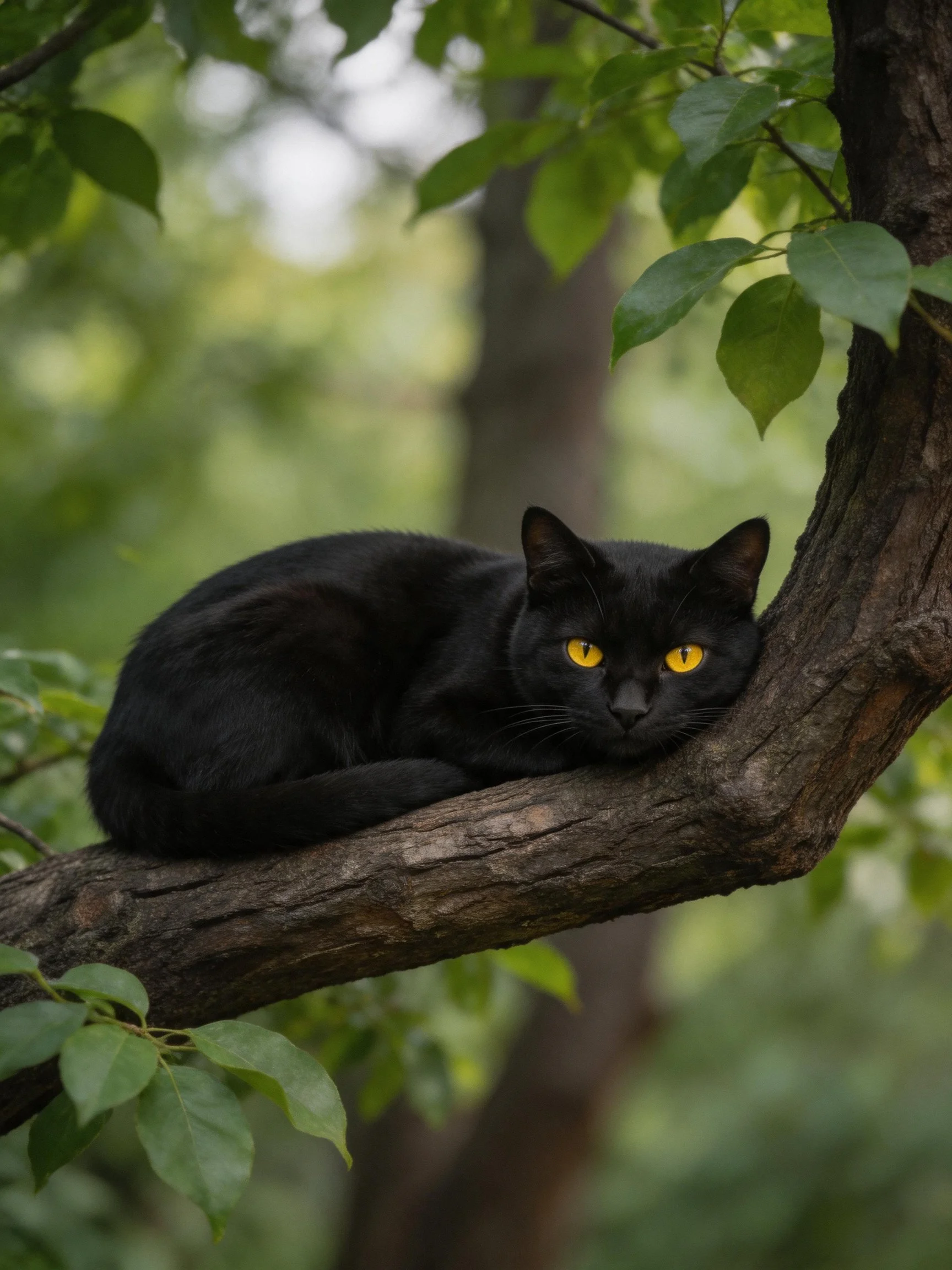 A sleek black cat rests on a gnarled tree branch amid lush green foliage