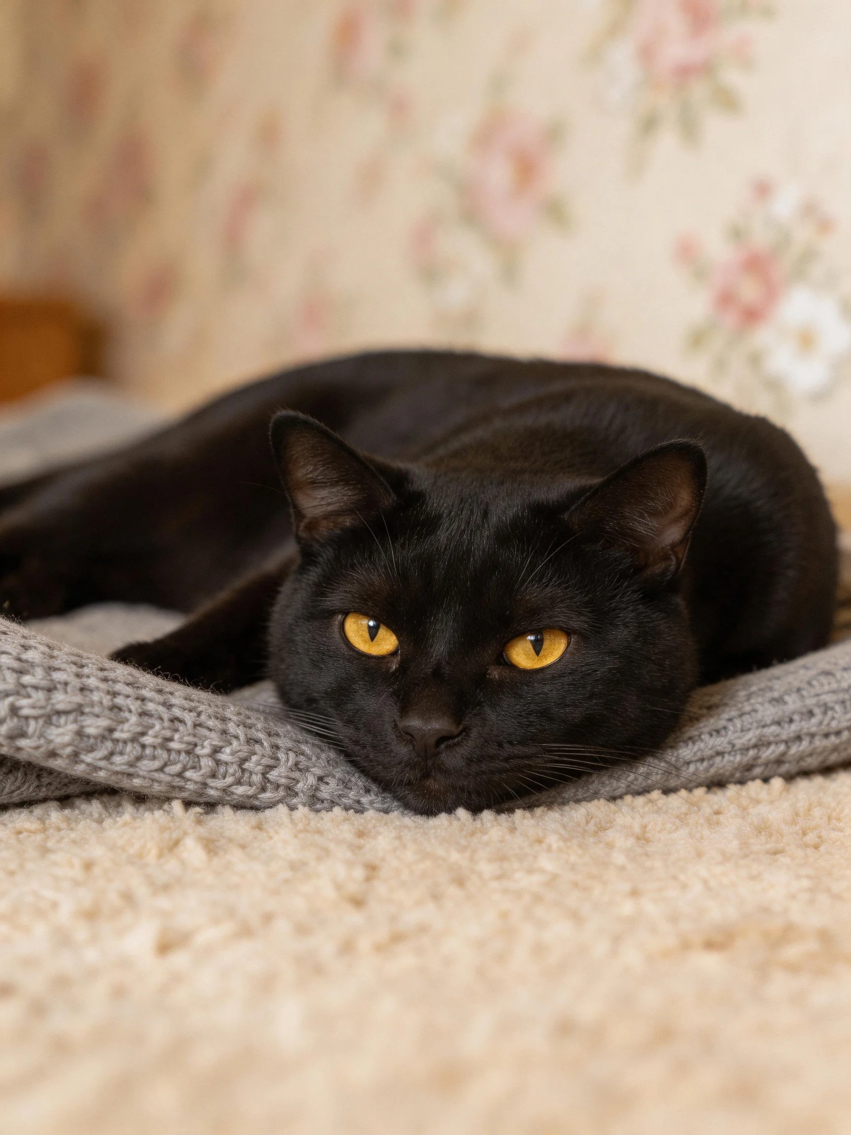 A sleek black cat rests on a gray knitted blanket with floral wallpaper behind
