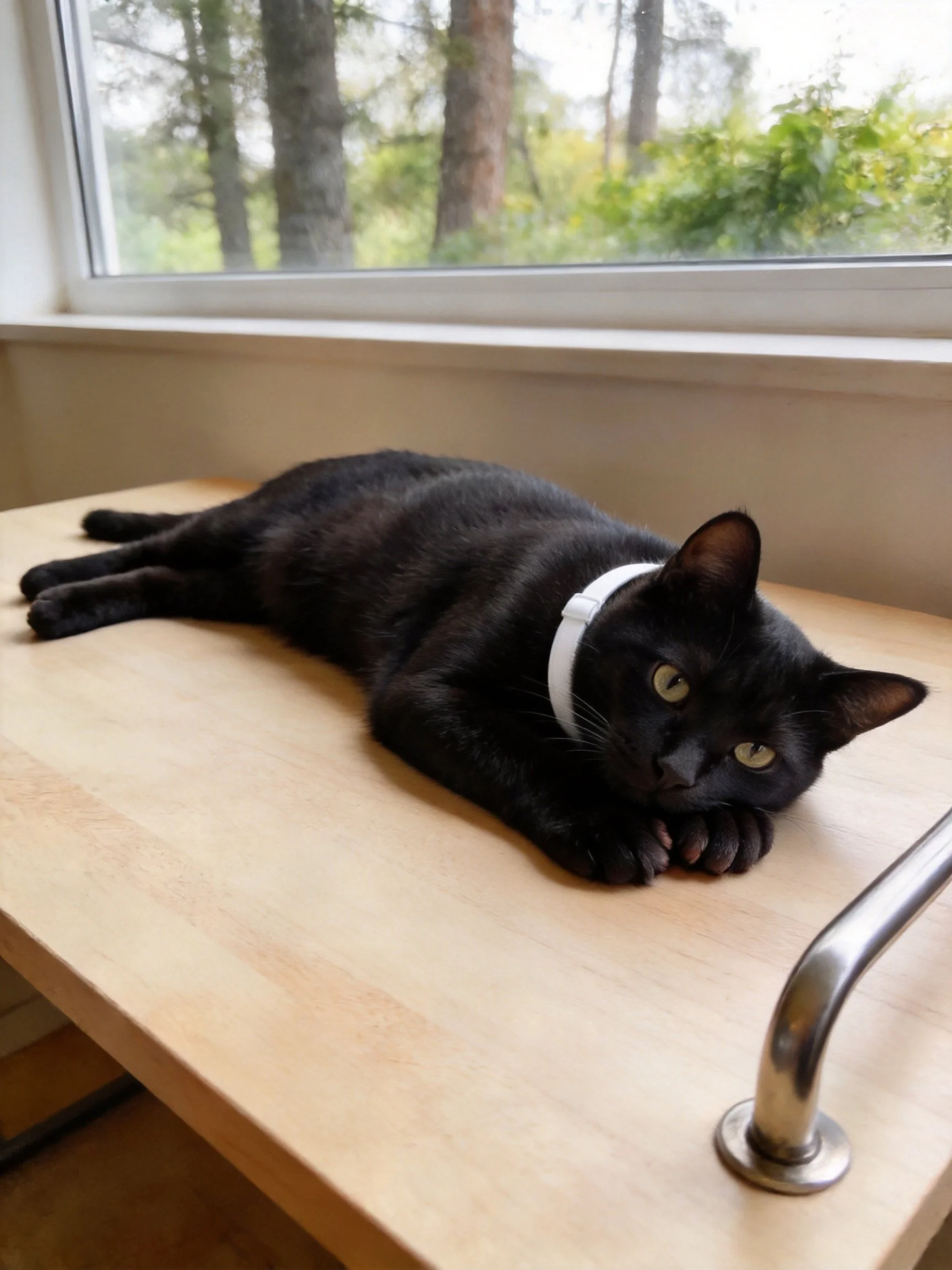 A sleek black cat rests on a light wood table near a window with greenery outside
