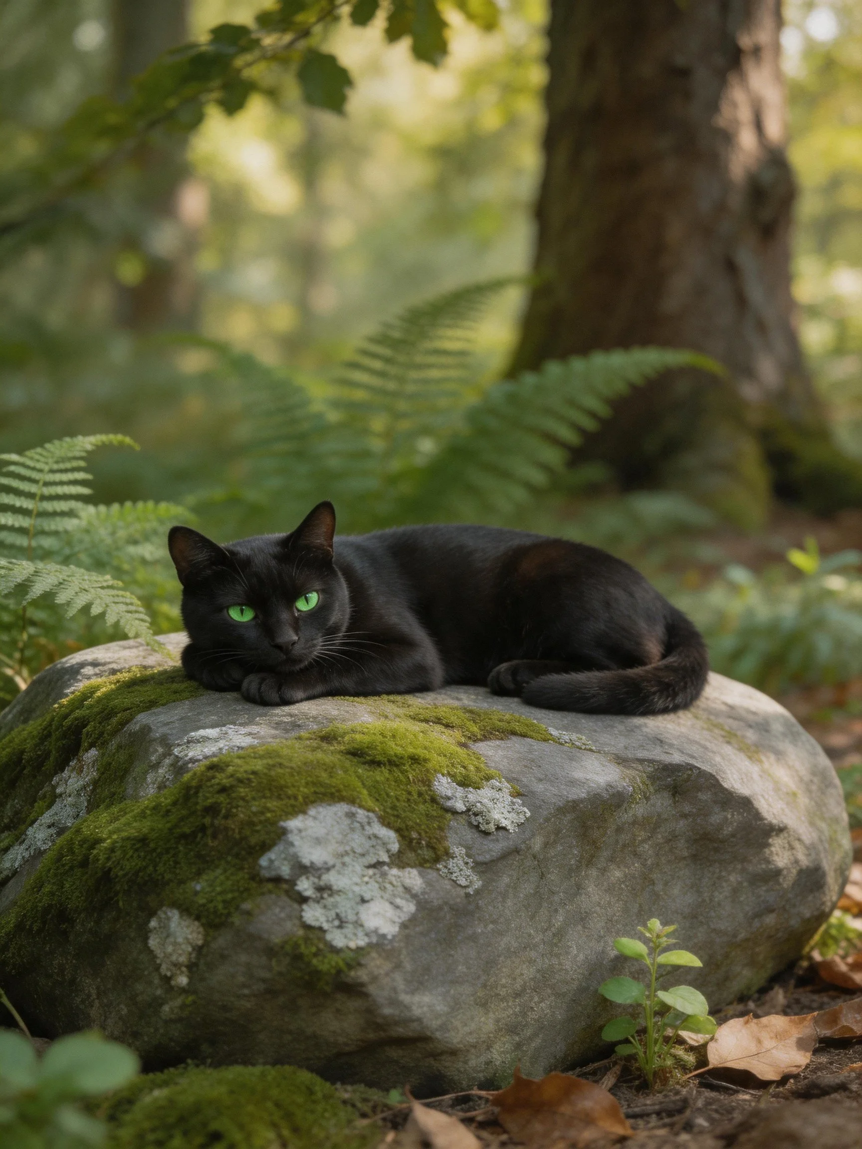 A sleek black cat rests on a moss-covered stone in a sun-dappled forest