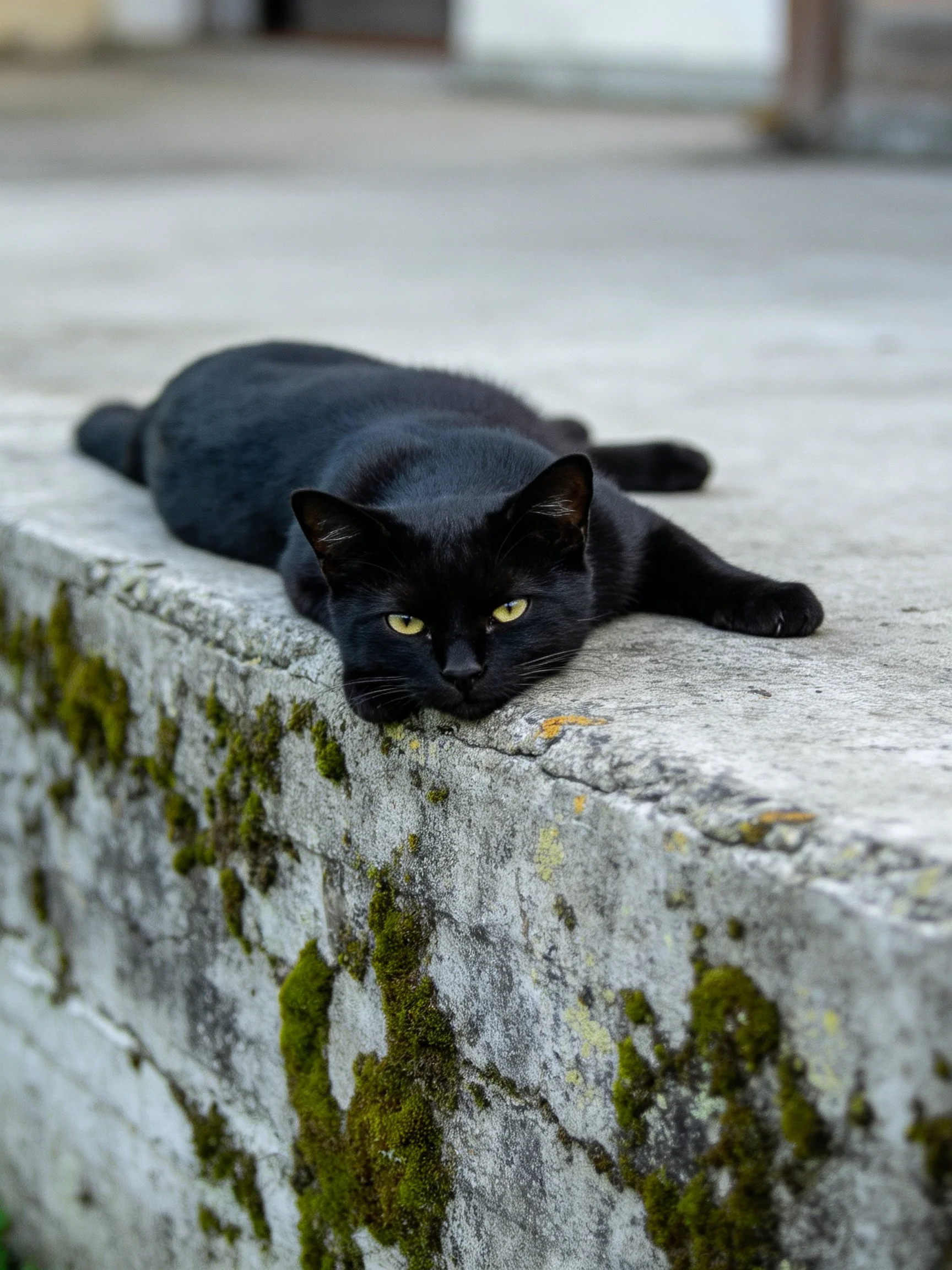 A sleek black cat rests on a moss-covered stone ledge