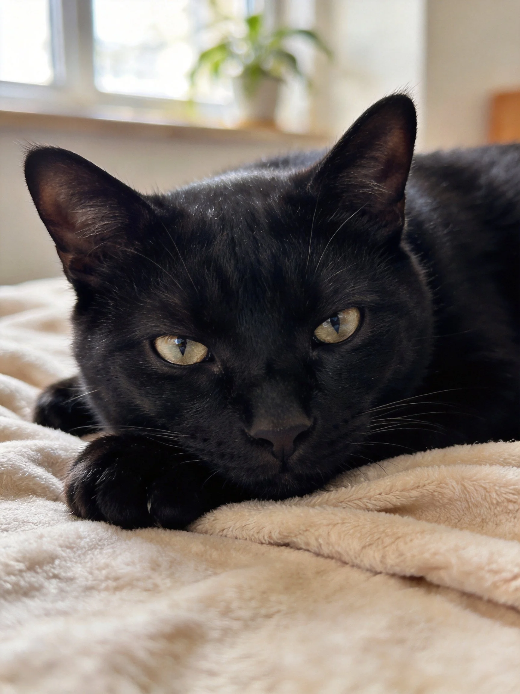 A sleek black cat rests on a soft beige blanket by a sunlit window