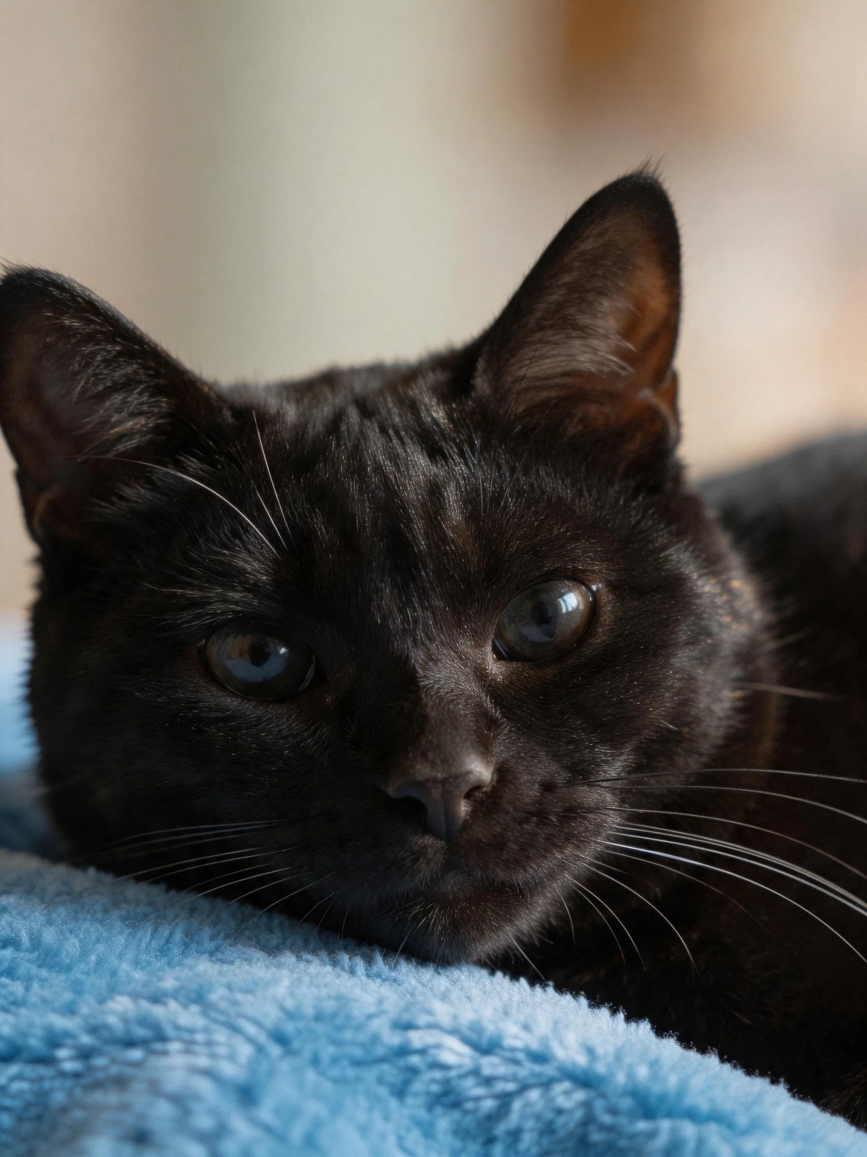 A sleek black cat rests calmly on a soft blue towel
