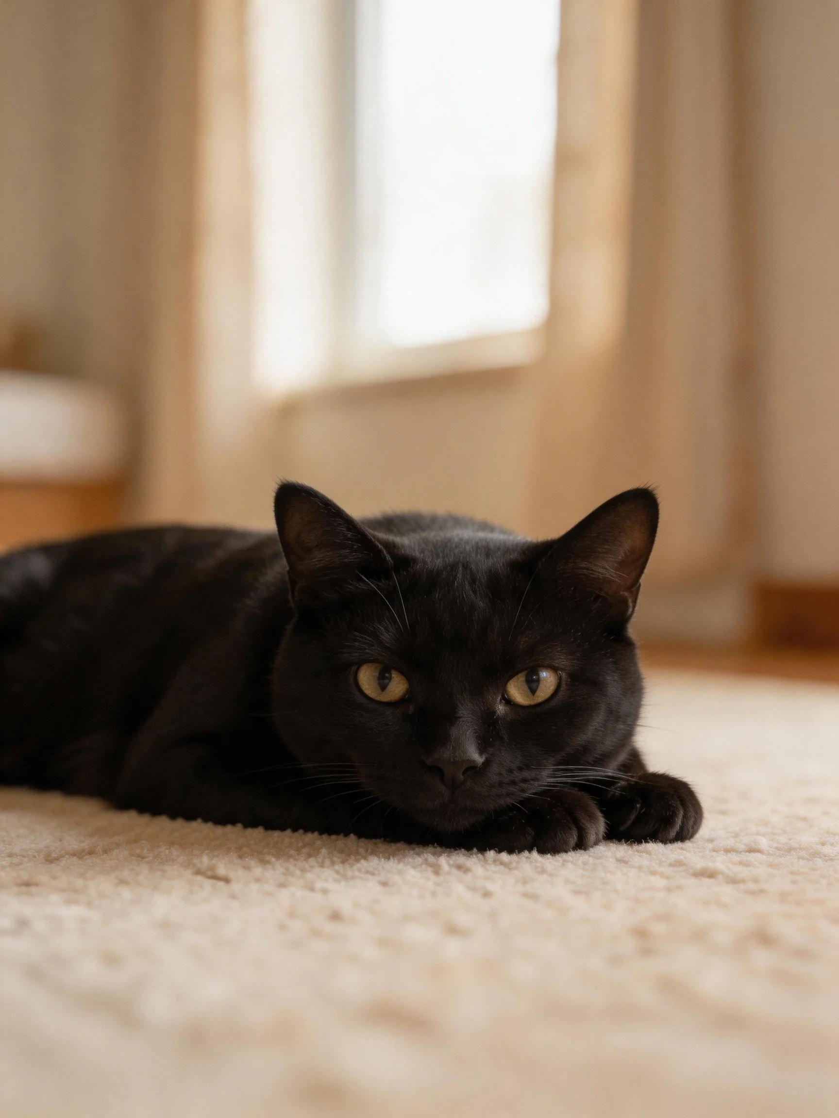 A sleek black cat rests on a soft carpet near a window