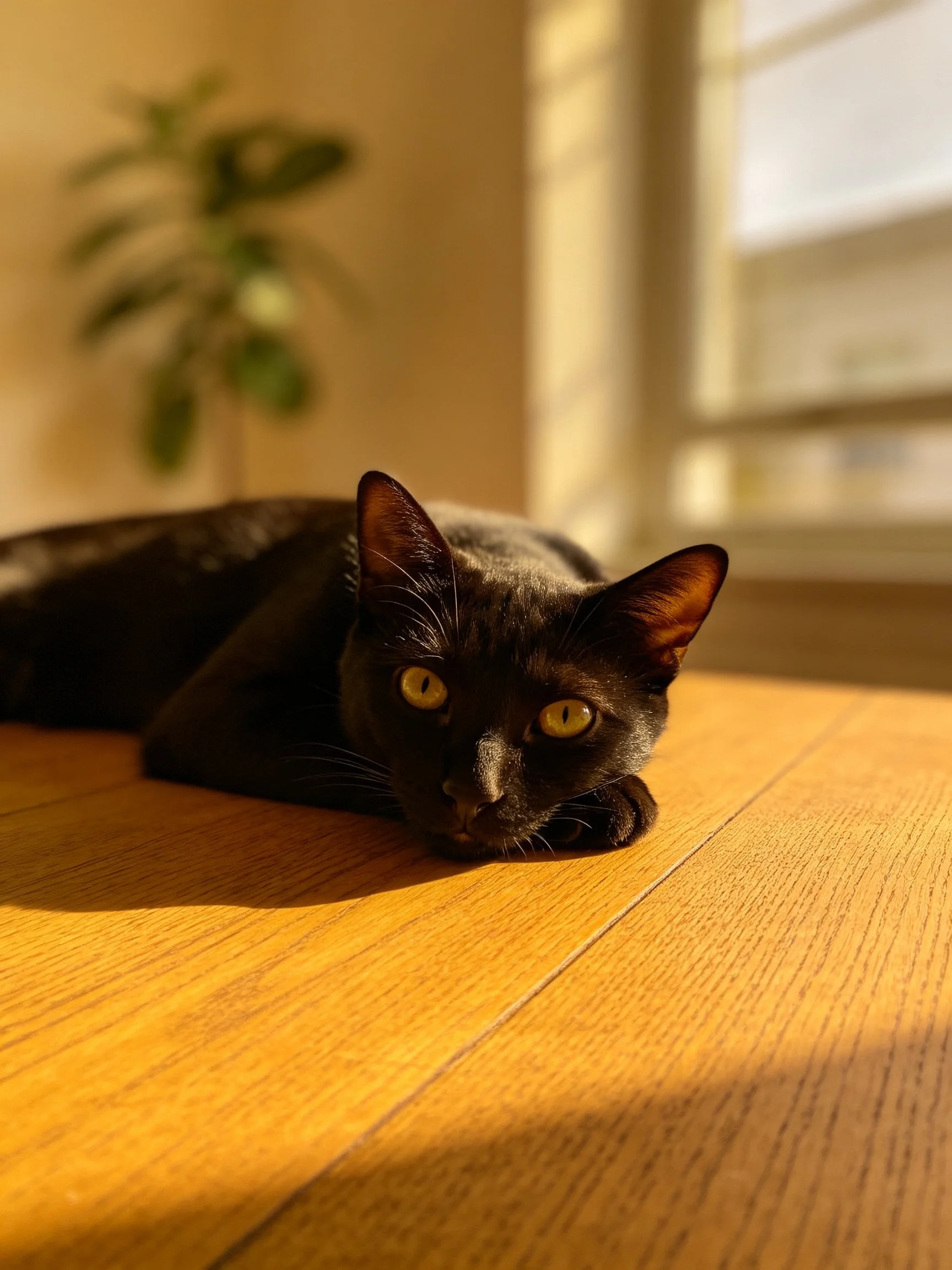 A black cat relaxes on a sunlit wooden floor indoors.