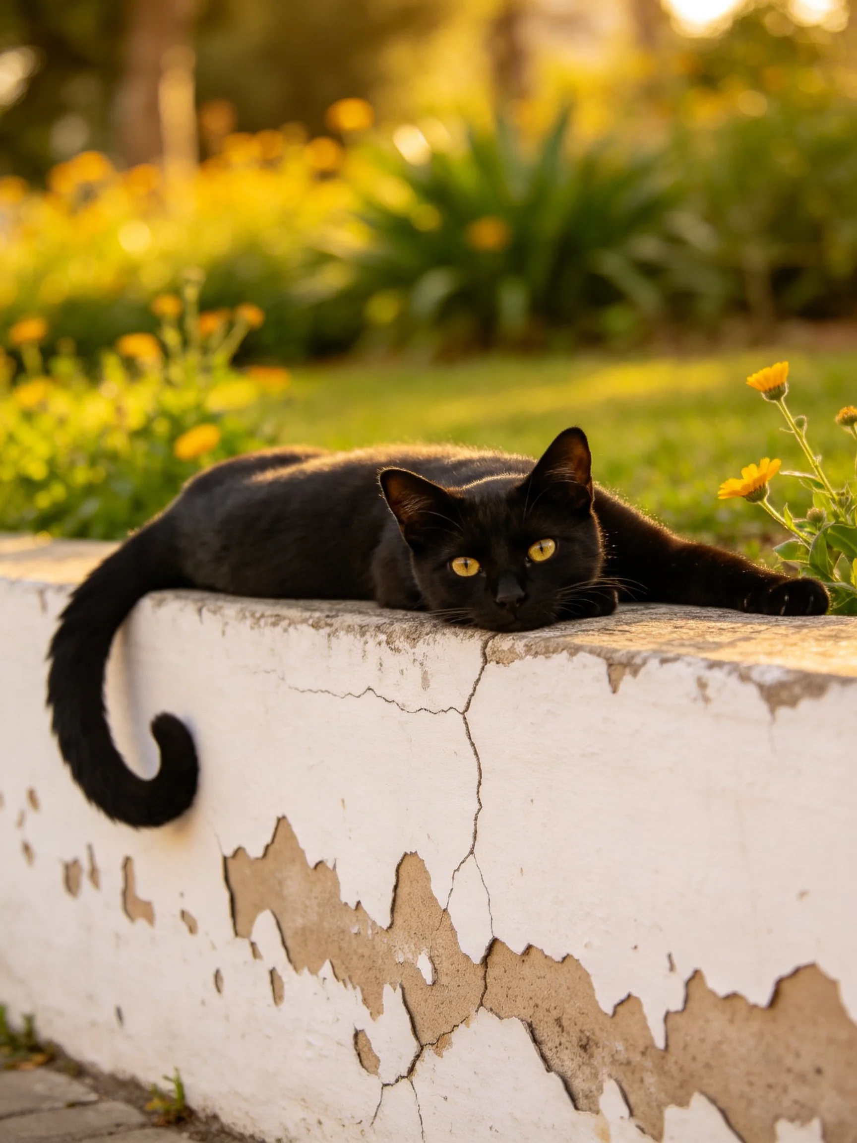 A sleek black cat rests on a weathered white wall near yellow blooms