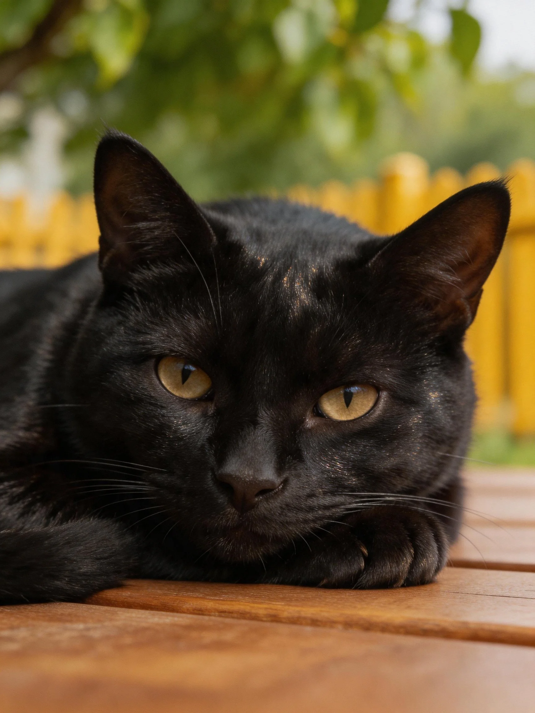 A black cat relaxes on wood with a yellow fence and greenery in the background.