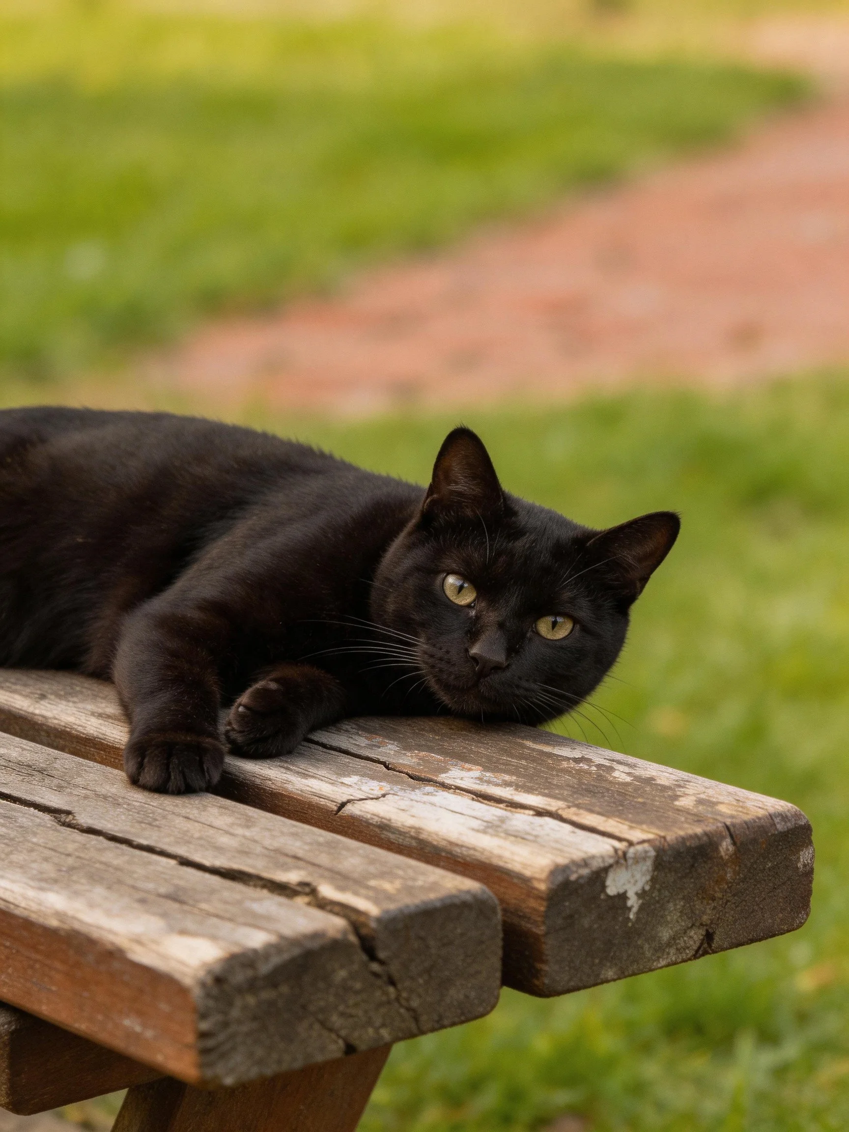 A sleek black cat rests on an aged wooden bench in a green park