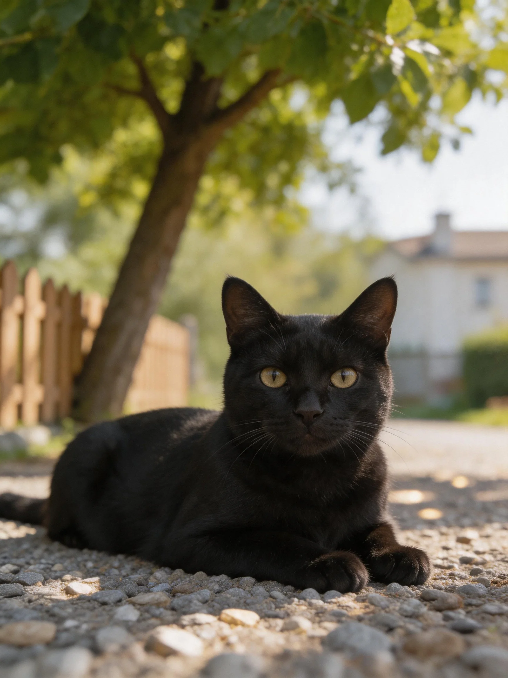 A sleek black cat rests on gravel beside a leafy tree