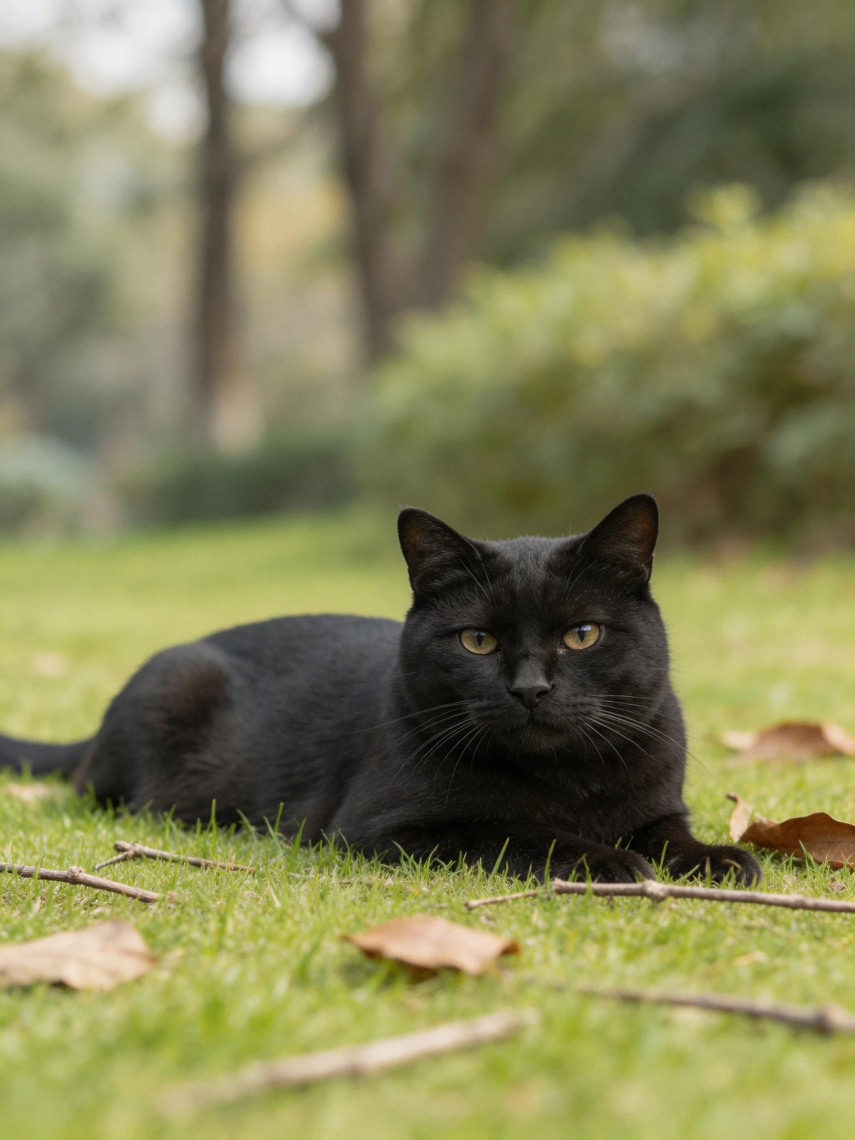 A sleek black cat rests on lush green grass amid scattered leaves