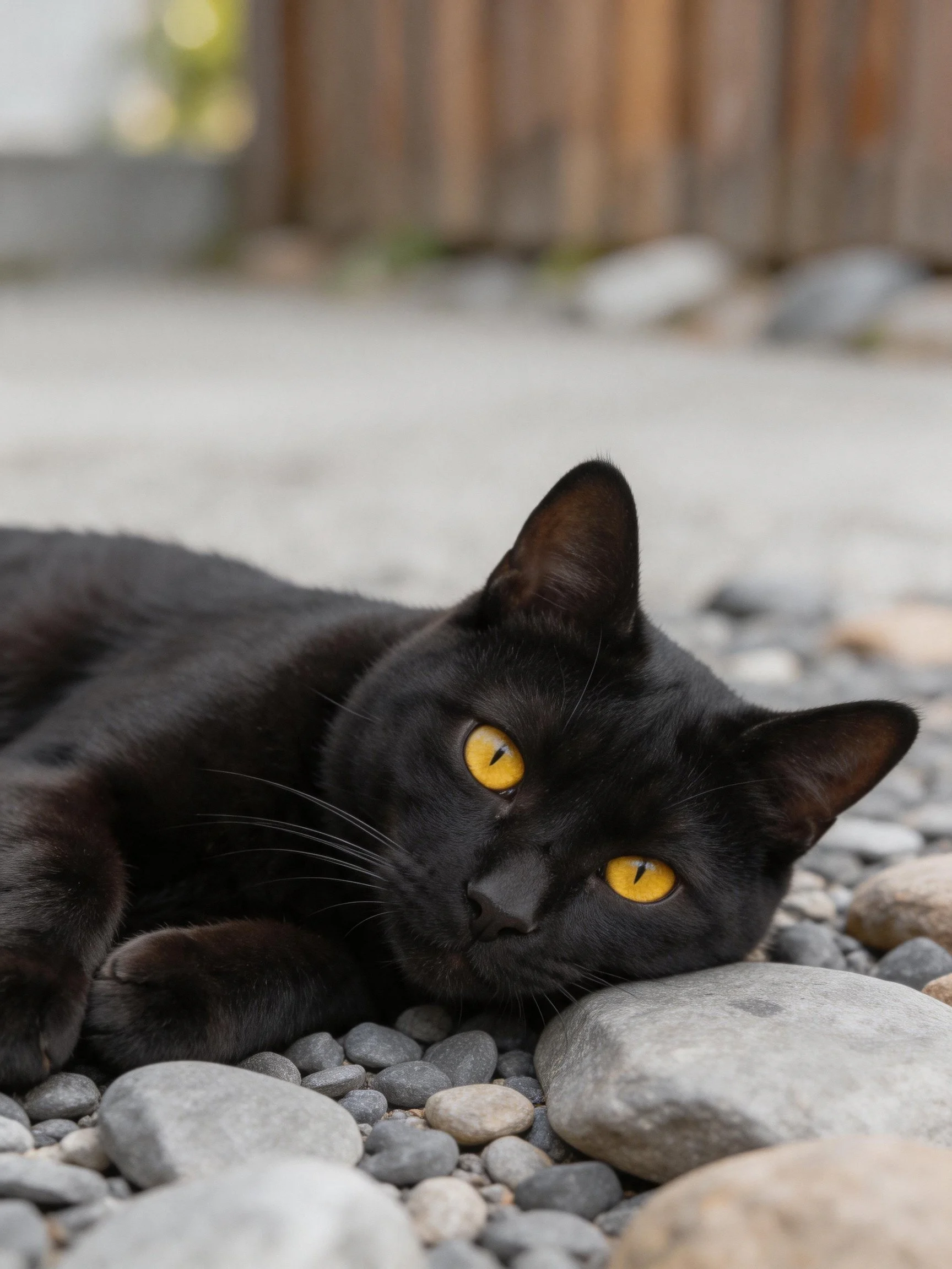 A sleek black cat rests on smooth pebbles with vivid yellow eyes