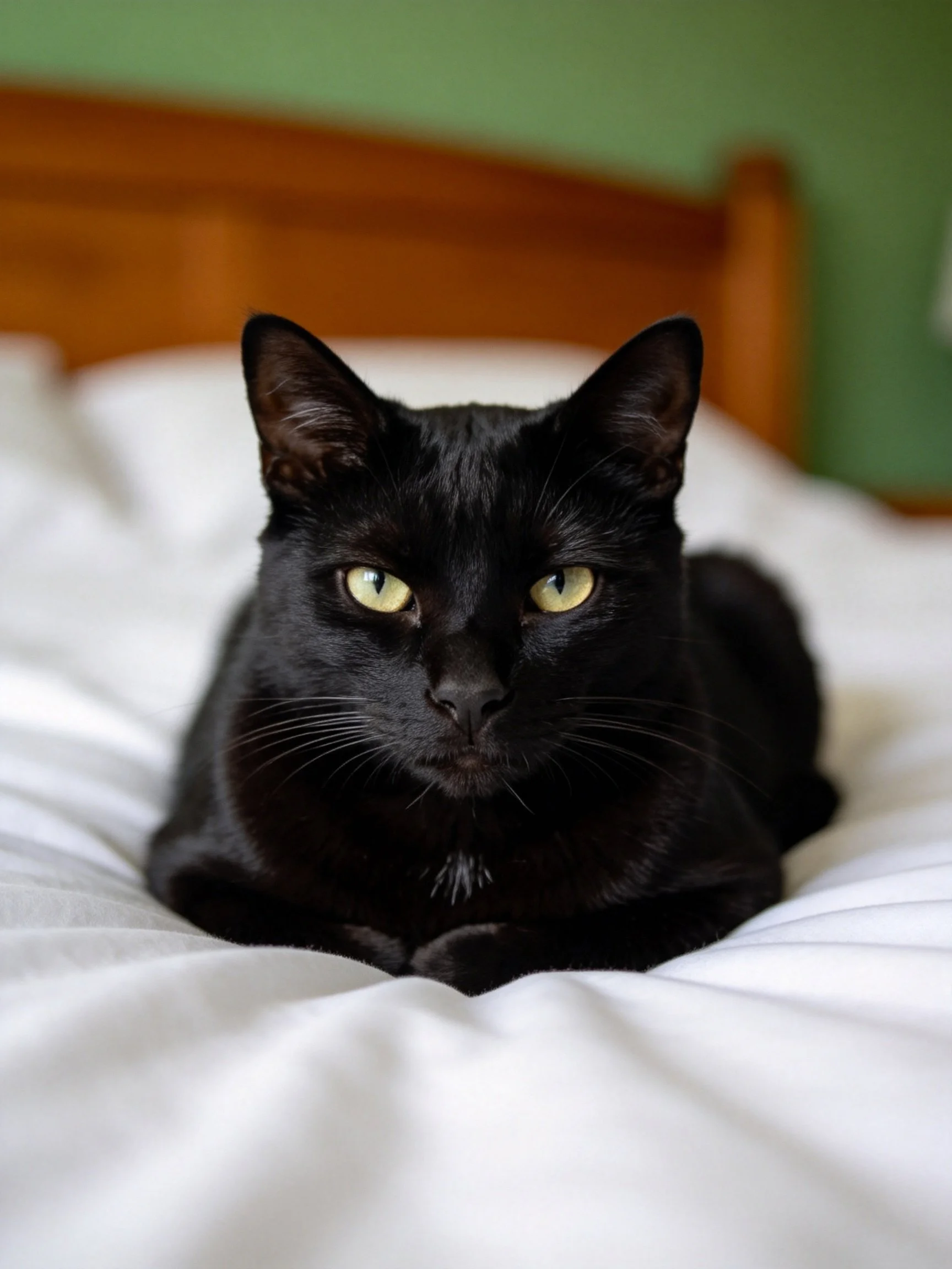 A sleek black cat rests on white bedding by a wooden headboard