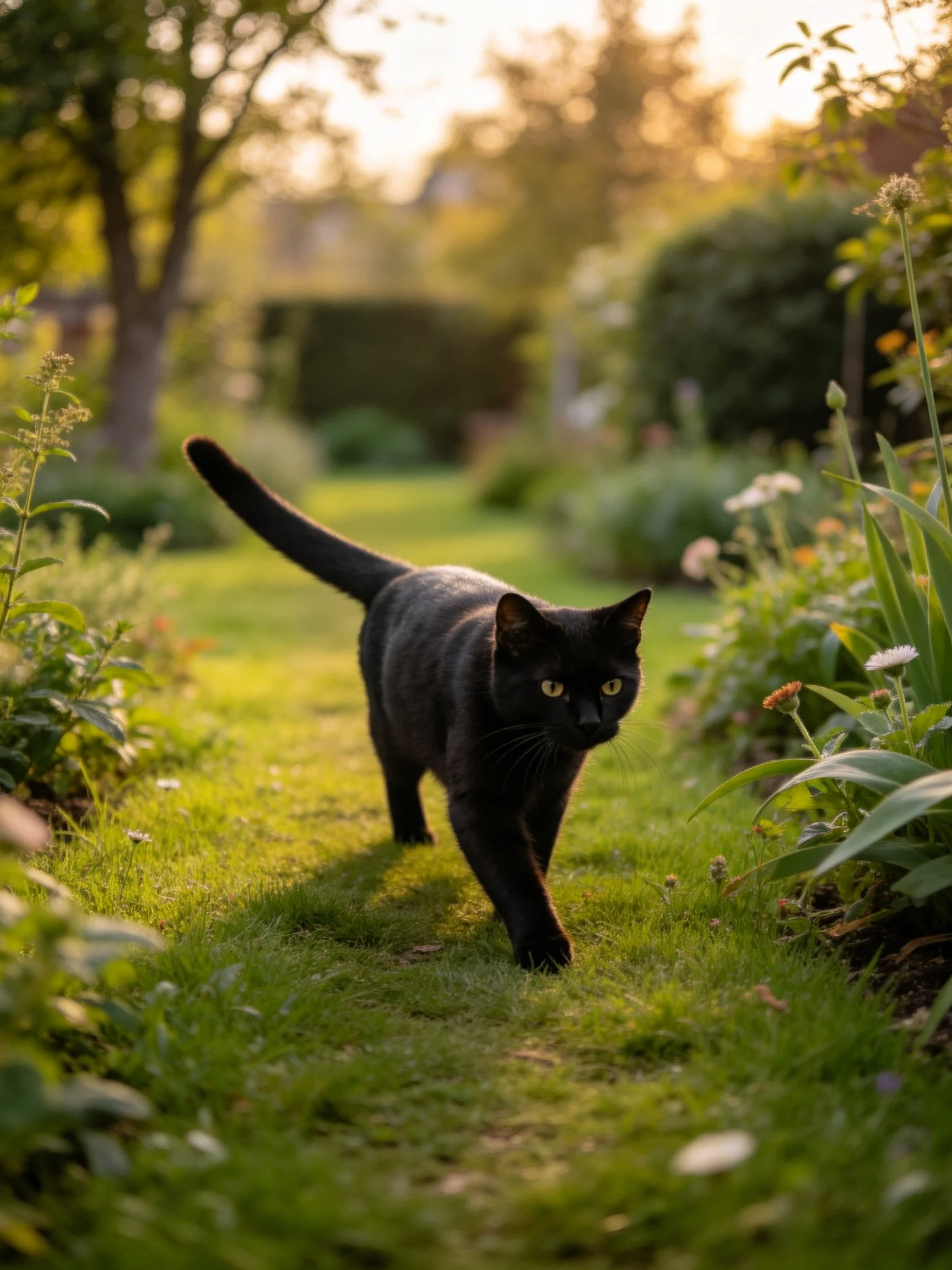 A sleek black cat roams a sunlit garden pathway