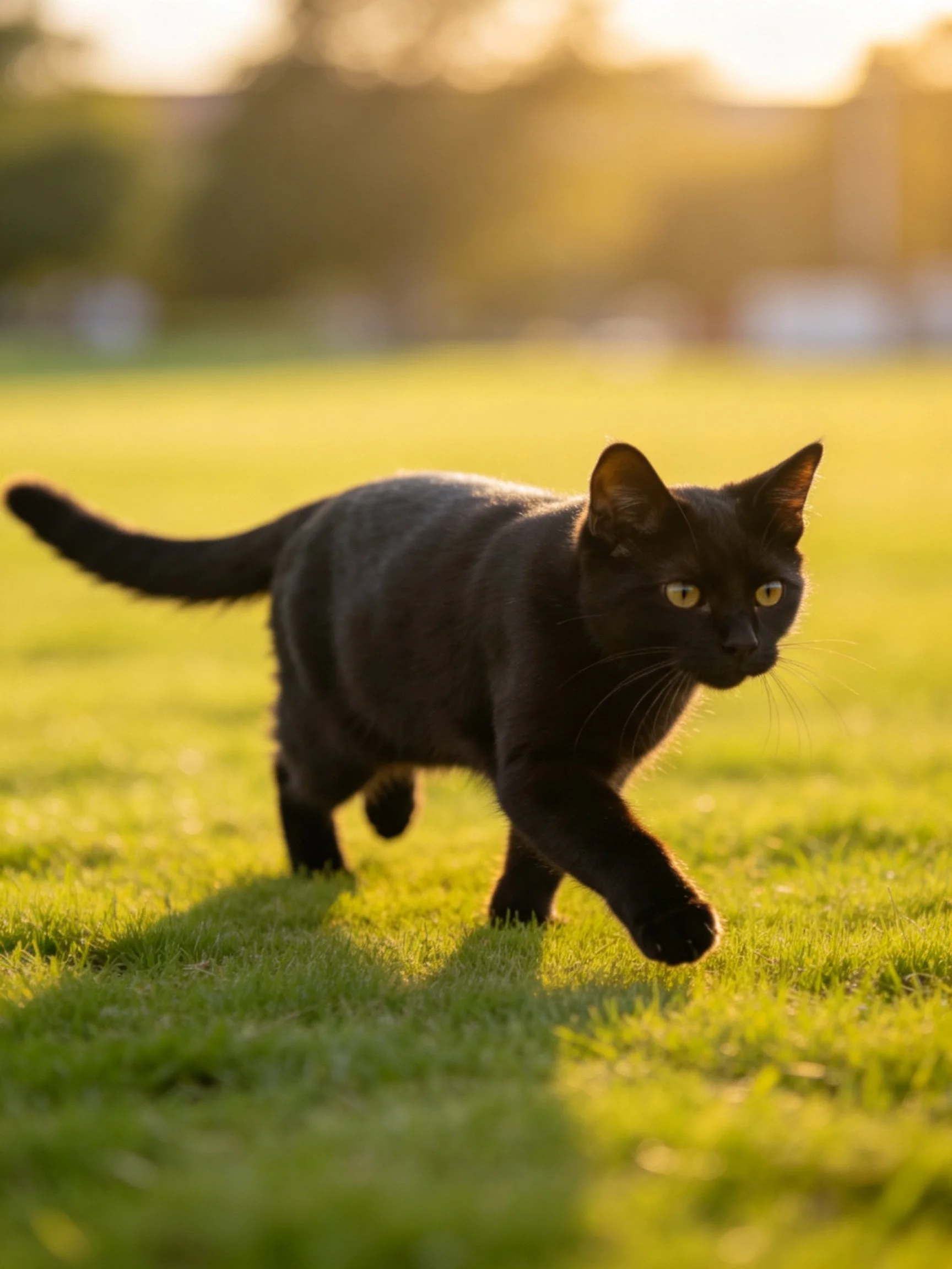 A sleek black cat roams sunlit green grass at golden hour