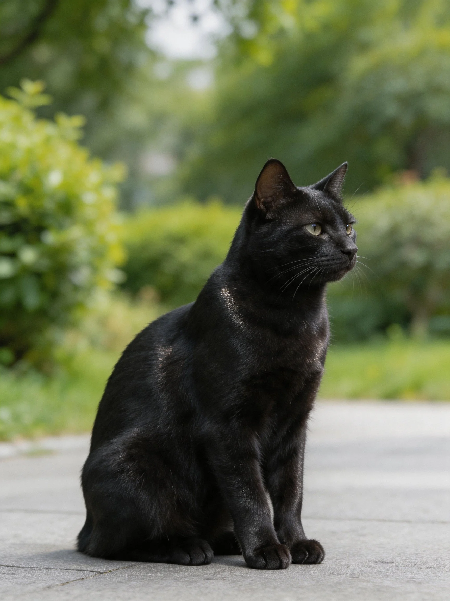 A sleek black cat sits alertly on a paved path near lush greenery