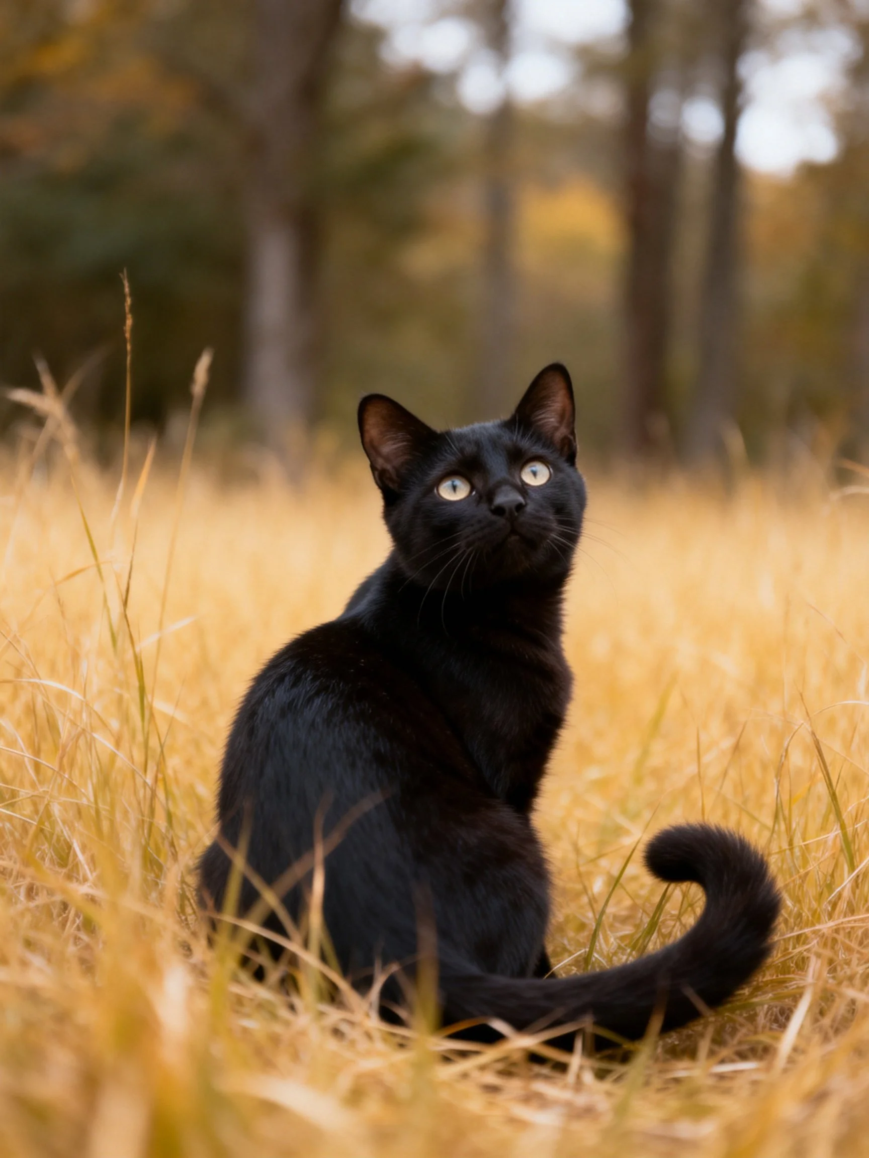 A sleek black cat rests in golden grass with a forest backdrop.