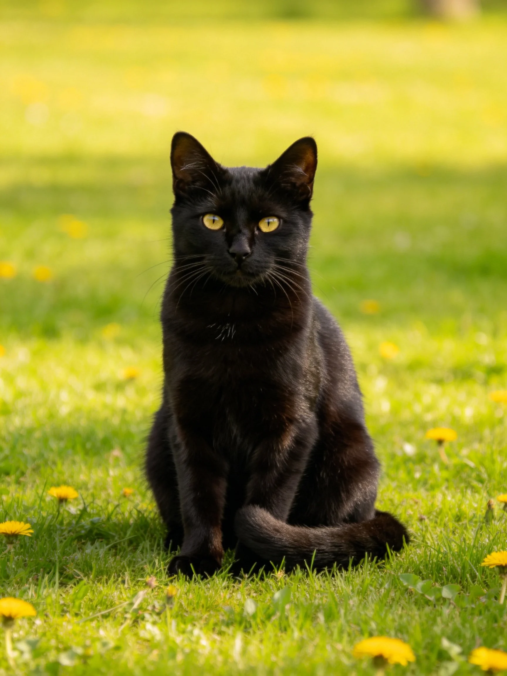 A sleek black cat sits peacefully in a sunlit meadow with yellow flowers.
