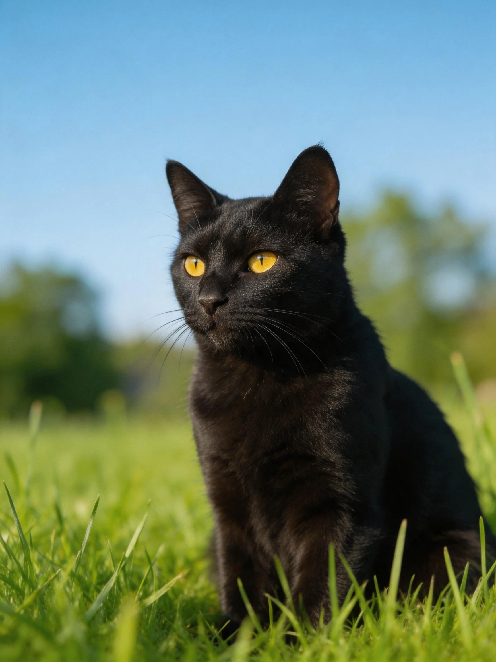 A sleek black cat sits amid lush green grass under bright blue sky