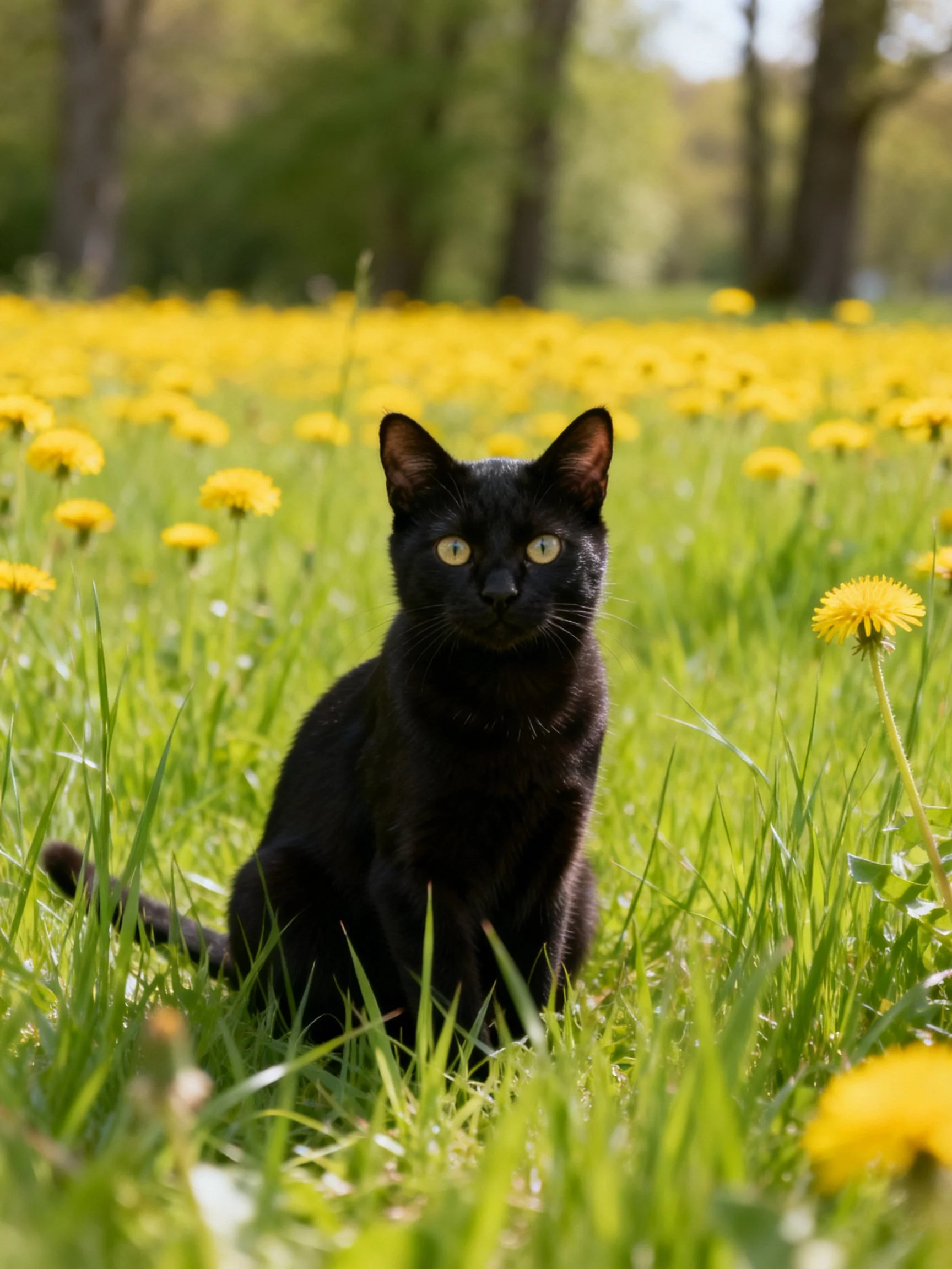 A sleek black cat sits amid vibrant yellow dandelion fields