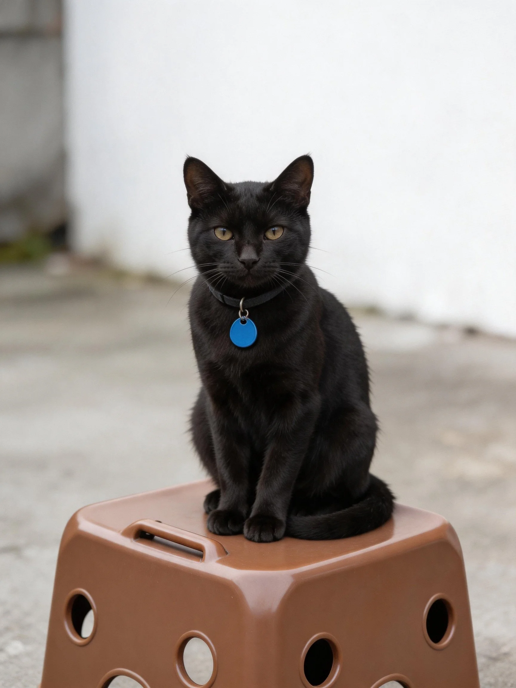 A sleek black cat sits atop a brown perforated plastic stool