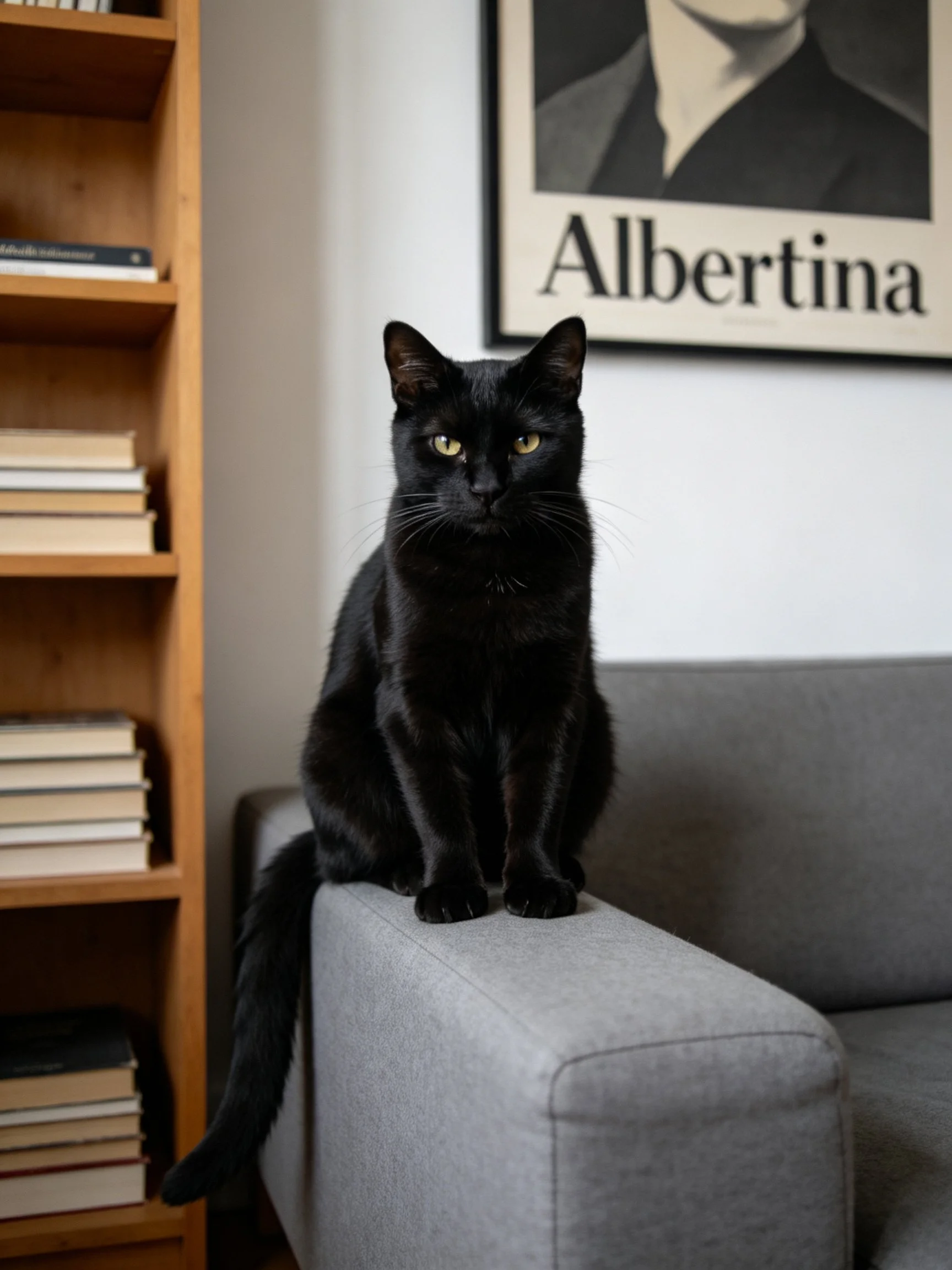 A black cat sits on a gray sofa beside a bookshelf with an Albertina poster